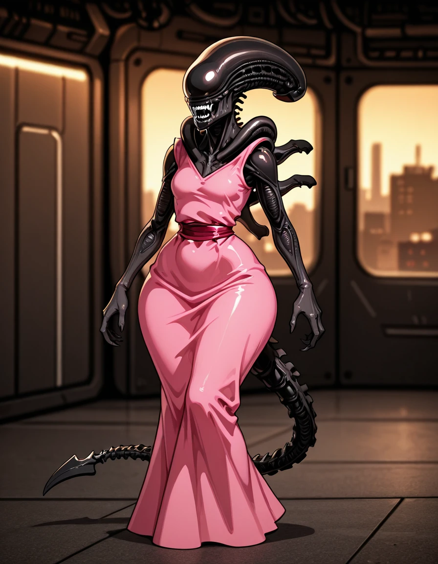 solo, full-length portrait, dark sci-fi illustration, detailed background, blurred background, <lora:Alien_-_Xenomorph_IL:0.8> xenomorph, cute, wide hips, 1girl, wearing a pink dress, sharp teeth,