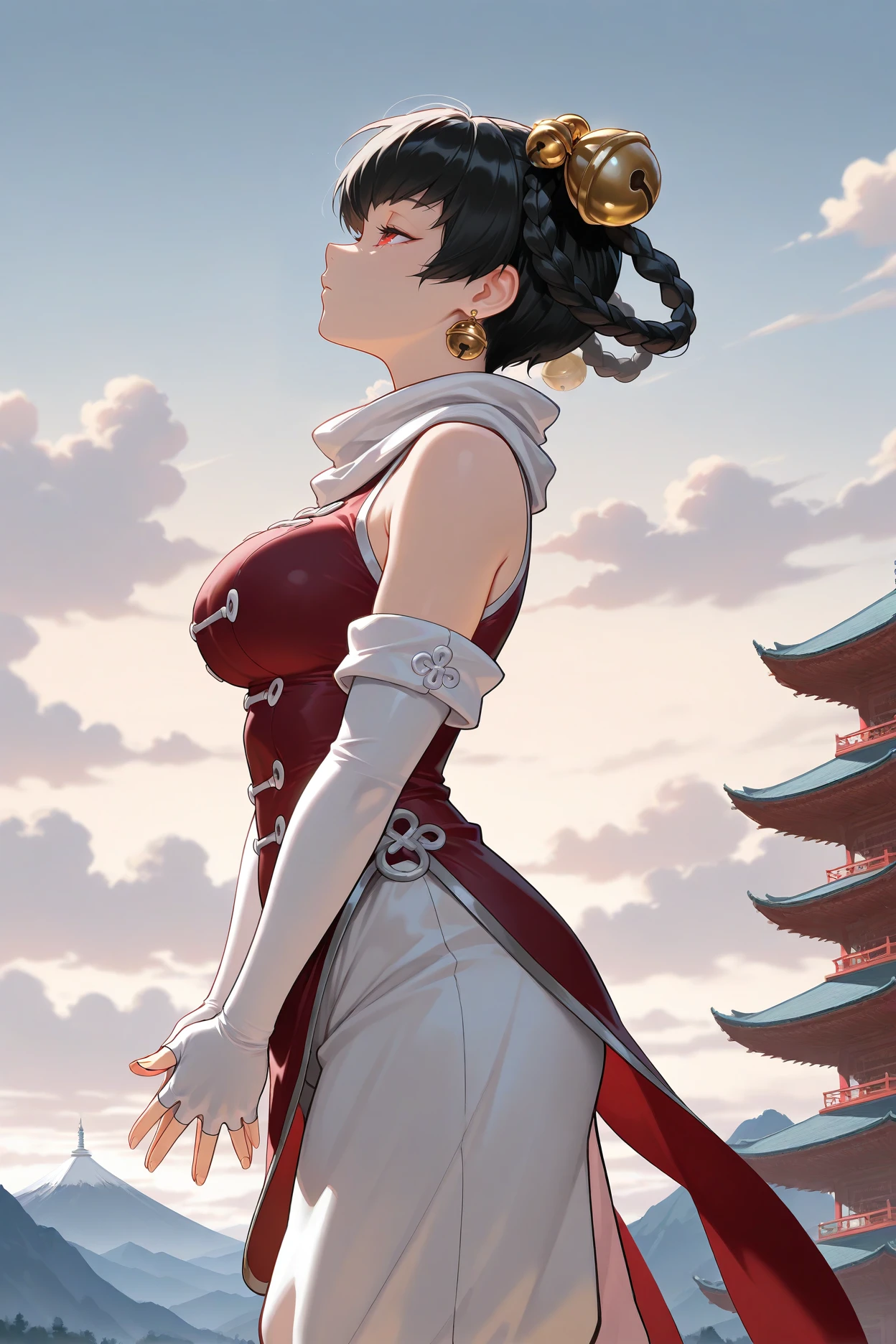 masterpiece, best quality, 1girl, solo, <lora:opmlinlin-illu-nvwls-v1-000006:1> opmll, black hair, short hair, hair rings, twin braids, red eyes, hair bell, earrings, white scarf, red shirt, sleeveless shirt, detached sleeves, elbow gloves, fingerless gloves, white pants, baggy pants, (large breasts:0.7), own hands together, closed eyes, from side, profile, standing, mountains, clouds, pagoda, looking up
