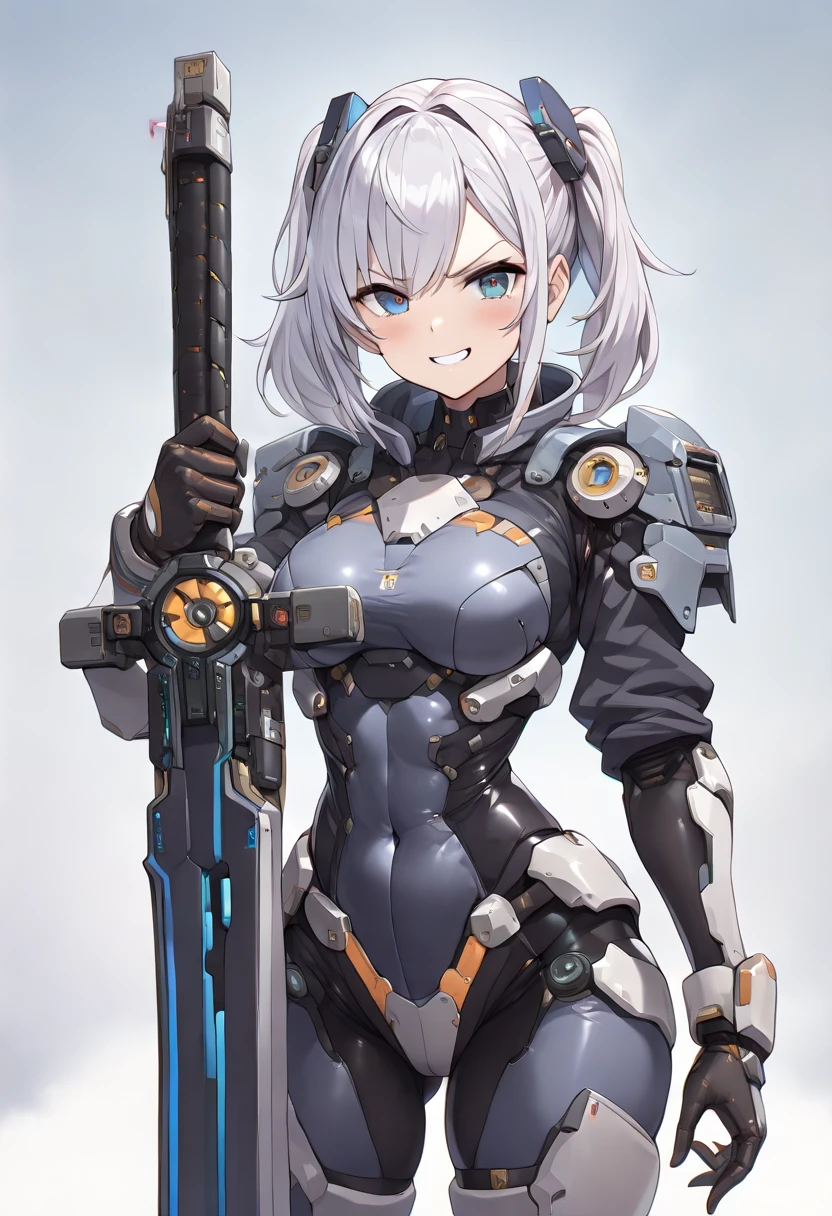 Amazing quality, best details, (sci-fi, 1girl, wearing mecha armor, smirking, grin, beautiful hair, looking at viwer, blue eyes, holding a glowing sword, unreal engine 5:1.2), sci-fi background, hkmecha