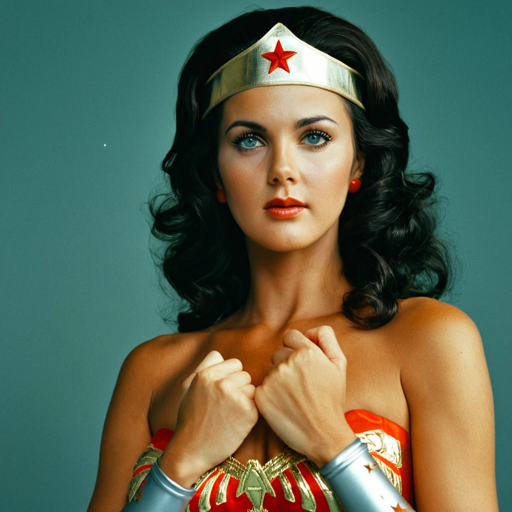 UHD, 4k, ultra detailed, cinematic, a photograph of <lora:Wonder Woman 1970 xl v1:0.9>
1970's Wonder Woman a woman in a costume with a crown on her head and crossed hands up, perfect image, perfect body, perfect anatomy, Kodak film, high quality photography, 1970's style, wonder woman style, sharp image style, detailed image style, realistic image style, medium shot, solo, long hair, looking at viewer, black hair, green eyes, star (symbol), lips, headband, portrait, curly hair, photorealistic, bare shoulders, closeup, epic, beautiful lighting, inpsiring