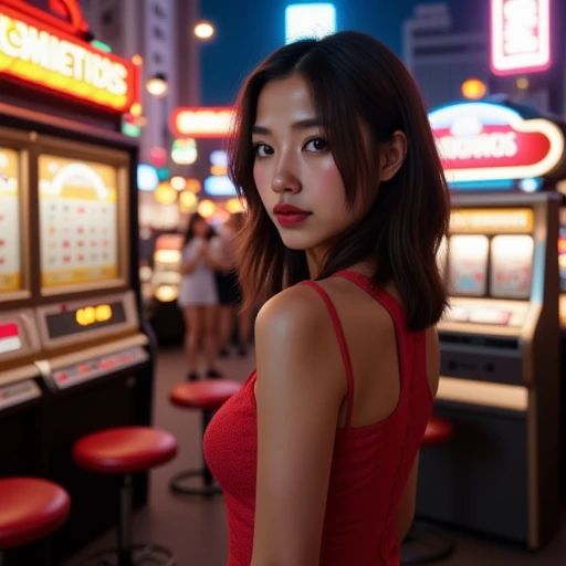 beautiful Caucasian woman, Fascinating face, Ponytail-Hair, Wavy Posing, Thick Body, Gorgeous dress, Photographing the upper body, cinematic photograph, in abandoned amusement arcade,