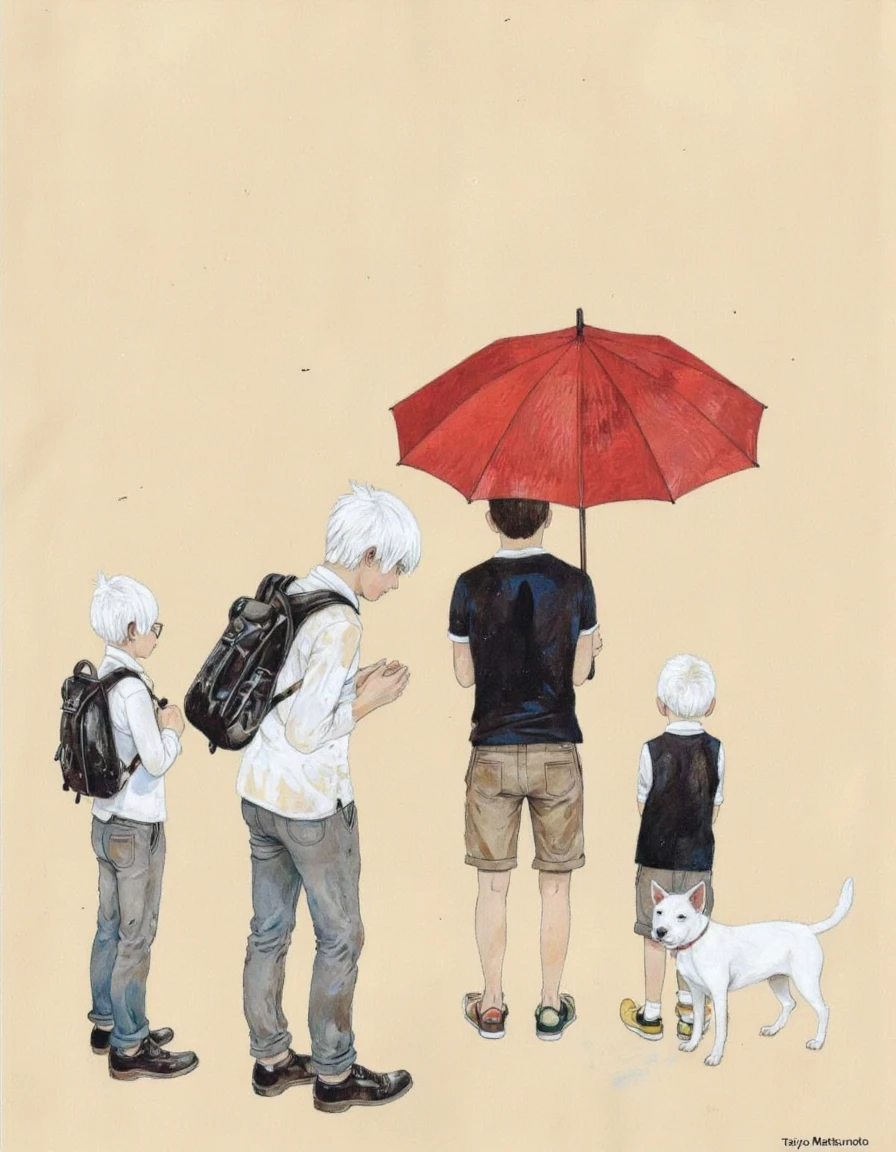 By Taiyo Matsumoto. A digital illustration shoot from a bird's eye view about a group of four characters standing in a line, with a dog standing in the middle of the image. the scene is set against a plain, beige background, and the image has a watermark in the bottom right corner. the image also shows a simple, minimalist style with a soft, pastel color palette. on the left, a young man with short white hair and a black backpack is standing with his back to the viewer, facing away from the viewer. he has a serious expression and is wearing a white shirt, grey pants, and black shoes. he appears to be looking down at the ground, with his hands clasped together in front of him. to his right, a man with a black shirt and brown shorts is standing, holding a red umbrella over his head, and a small white dog is standing beside him, looking up at him. <lora:Taiyo_Matsumoto-000008:1>