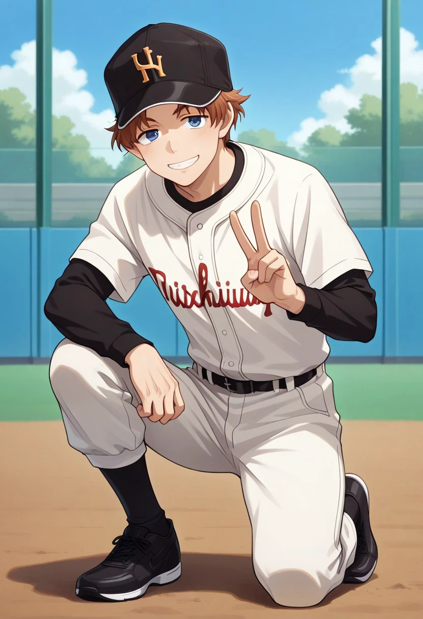 sunbinvv1128, 1boy, male focus, solo, arms behind head, looking at viewer, blush, muscular, belt, headphones, baseball uniform, shirt, blue hair, muscular male, pants, bara, sportswear, short hair, Best quality, masterpiece, ultra high res, (photorealistic:1.4), 8k, intricate, elegant, highly detailed, majestic, digital photography,