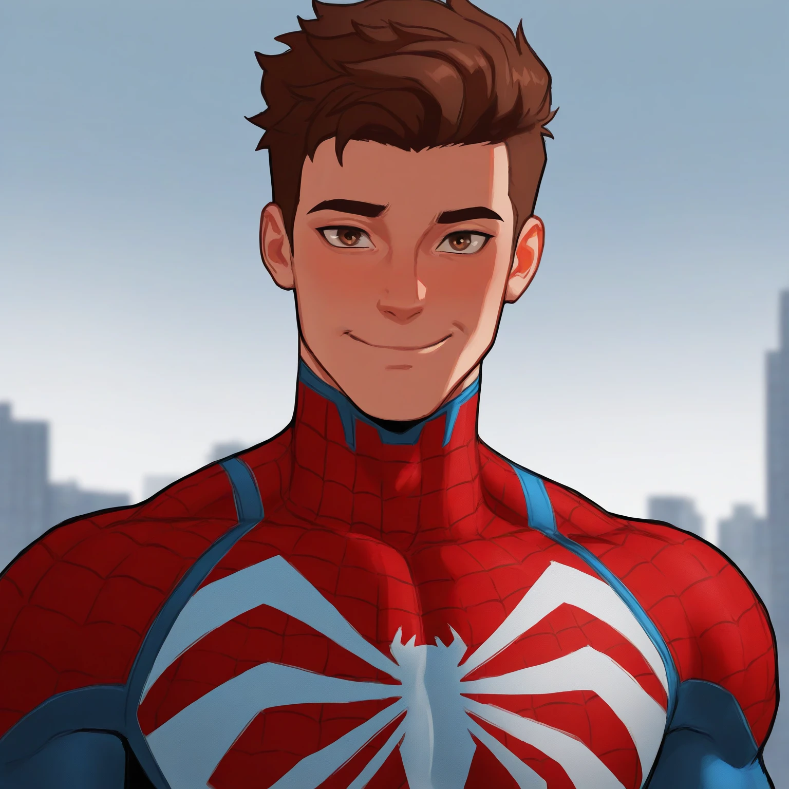 masterpiece, best quality, newest, absurdres, highres, 
male, (dizdoodz:.5), 1boy, male, insom_SPM, , red , upper body, brown hair, short hair, hazel eyes, smile, looking at viewer, city