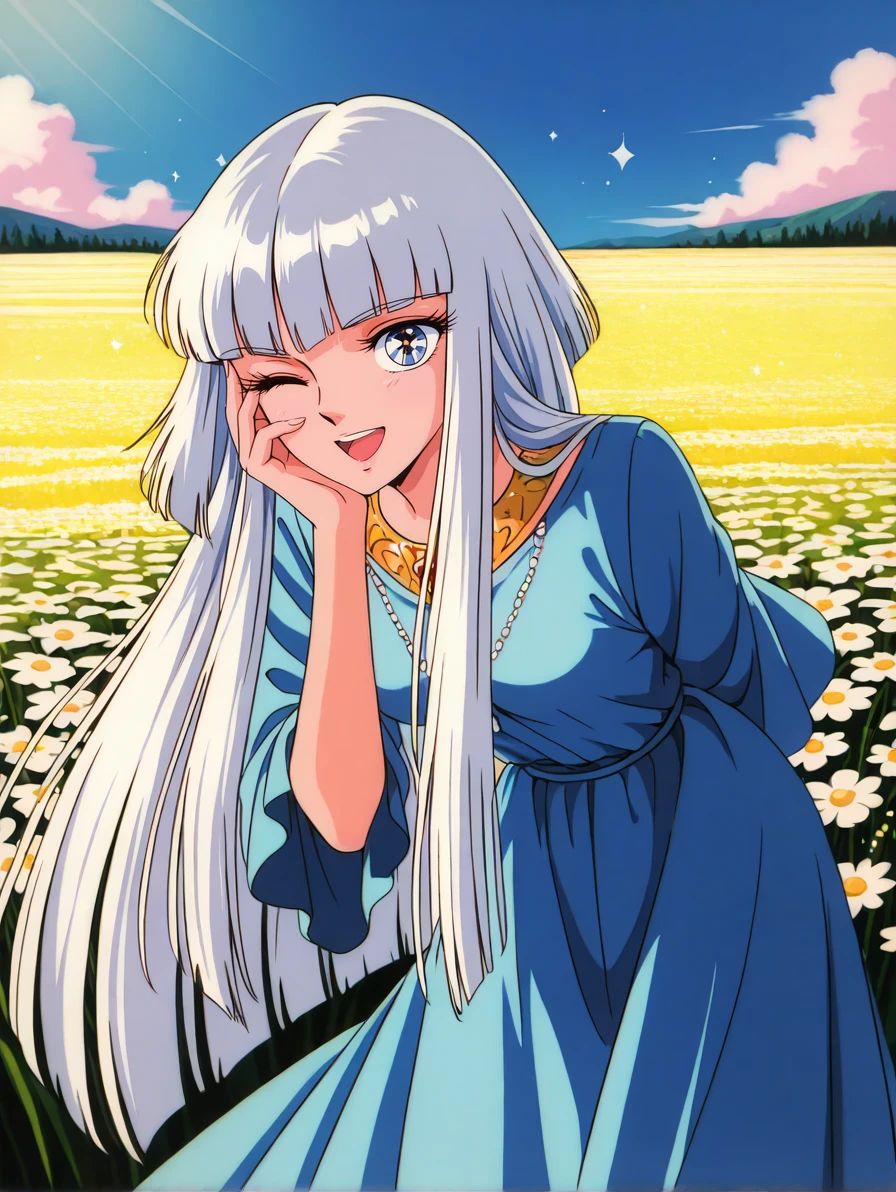 masterpiece, best quality, high resolution, absurdres, highres, amazing quality, very aesthetic, ultra detailed, perfect details,
<lora:Hilda_Polaris_LCD_ill_v03:0.9> hildapolarislcd, hime cut, long hair, blue eyes, white hair,
retro artstyle, blue dress, jewelry, smile, leaning forward, arms behind back, wink, open mouth, upper teeth only, sparkle, v, hand on own face, field, flowers, blue sky, sunny,