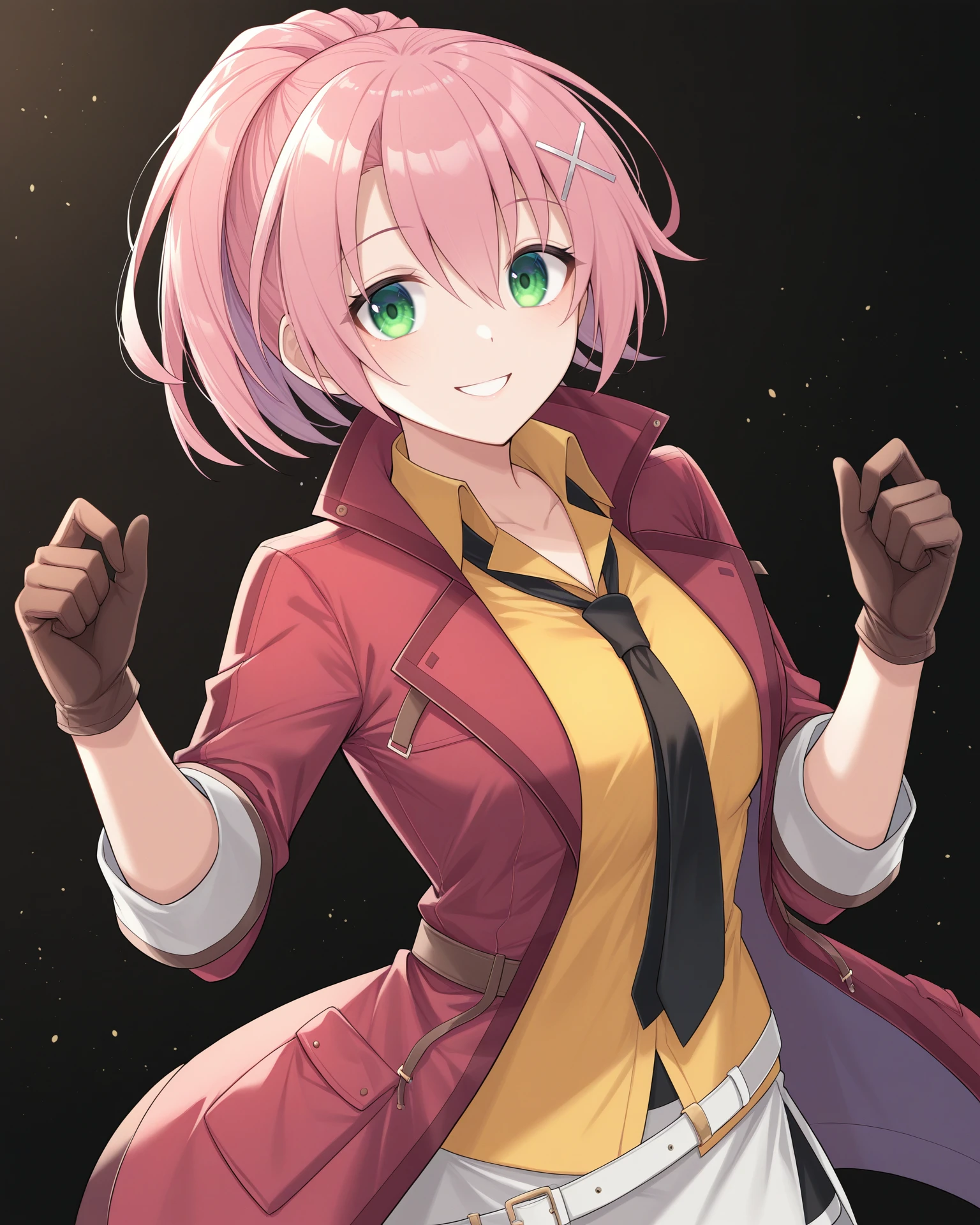 masterpiece, best quality, amazing quality, very aesthetic, absurdres, (by e.o.:0.7), (by chiharu \(9654784\):0.4), (by racoon-kun.:0.4),
1girl, solo,
<lora:JunaCrawfordCrossbell_Illustrious:1>, Juna Crawford, pink hair, ponytail, X hair ornament, green eyes, medium breasts, red jacket, yellow shirt, black necktie, white belt, white skirt, brown gloves,
simple background, black background, particles, upper body, portrait,
smile, looking at viewer,