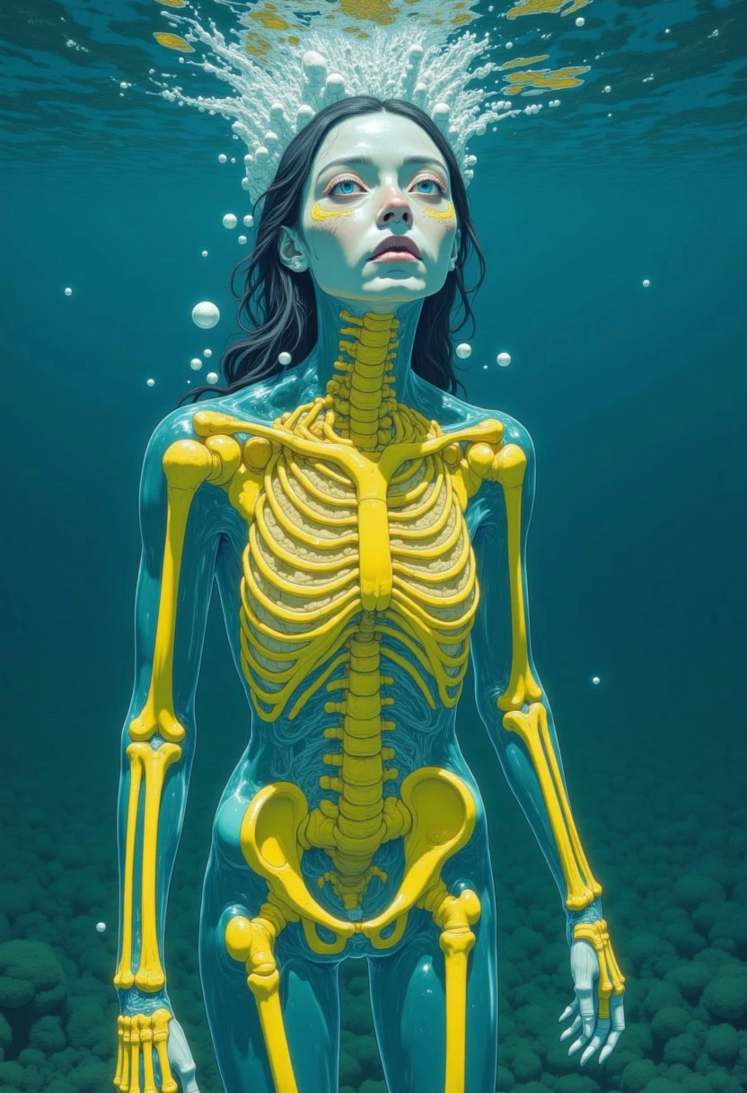 Transparent woman swimming in the ocean with yellow neon skeleton visible through the body.