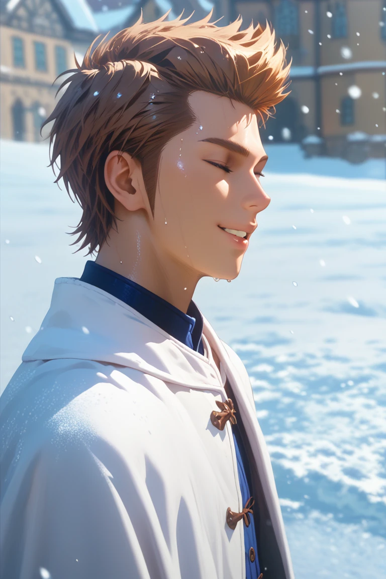 score_9, score_8_up, score_7_up, source_anime, rating_explicit, realistic shading, natural lighting, male focus, looking away, looking up, expressive face, kukida, brown_kukida_male hair, closed eyes, 1boy, parted lips, smile, happy, snowing, hands with five fingers, shiny skin, medium shot, open hands, medieval wizard cosplay, wet clothes, robes, outdoors snow, from side, from above, dutch angle, dynamic angle, intricately detailed illustration, depth of field, masterpiece, best quality, amazing quality, very aesthetic, absurdres, newest, atmospheric perspective, anime screencap