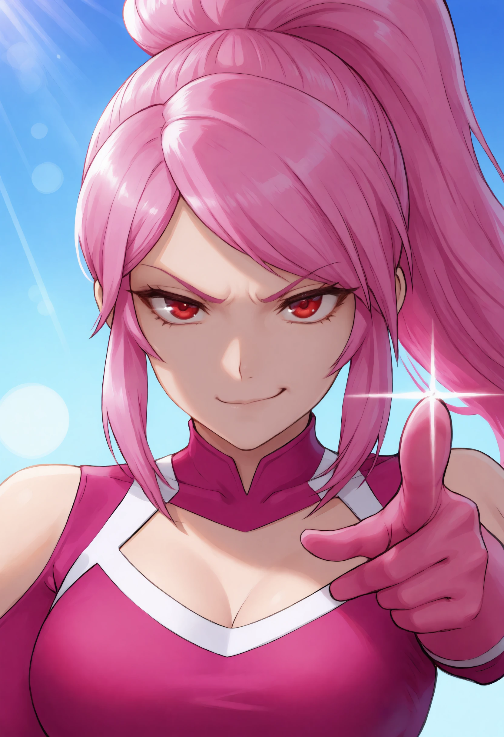 masterpiece, best quality, 1girl, toned,
pink hair, high ponytail, long hair, sidelocks, swept bangs, red eyes,
crop top, pink shirt, long sleeves, shoulder cutout, bare shoulders, clothing cutout, cleavage cutout, cleavage, elbow gloves, pink gloves,
close-up, portrait, smirk, pointing at viewer, foreshortening, outdoors, sunlight, bokeh, sunbeam, blue sky, glint,
<lora:lvnpkm_idxl_EliPot:1>