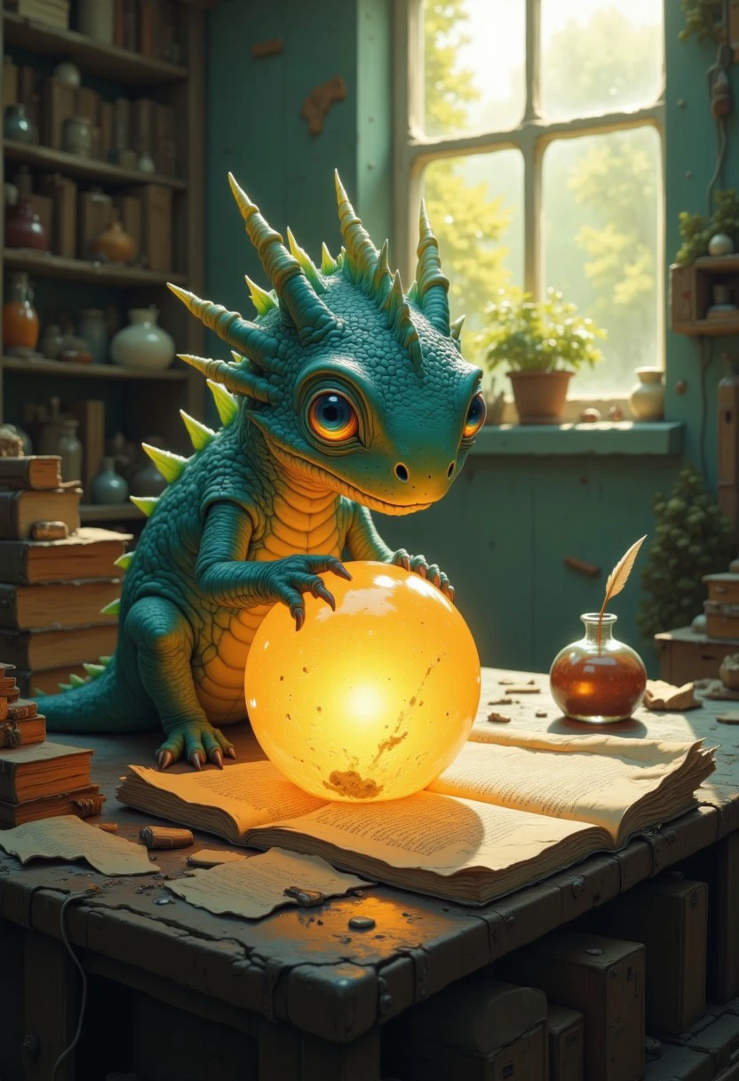 A small baby dragon perched delicately atop a glowing crystal ball, its tiny claws gripping the orb as soft light emanates from within, casting ethereal reflections across the desk. The dragon's scales shimmer in shades of iridescent emerald and sapphire, glinting faintly in the dim, shadowed room. Its curious eyes glow with a gentle golden hue, watching the beams of sunlight streaming through the nearby window, which cut through the dusty air like radiant spears. The desk is cluttered with ancient scrolls, weathered books, and a quill resting in an inkwell, adding a sense of mystique and age. The warm sunlight softly illuminates the scene, contrasting with the dark, cozy room and enhancing the enchanting glow of the crystal ball, creating a magical, dreamlike ambiance. DB4RZ style painting.