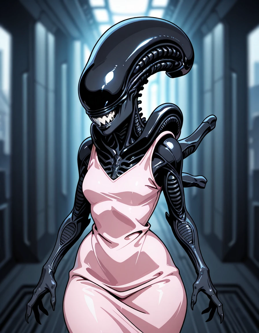 Solo, score_9,score_8_up,score_7_up, score_6_up, score_5_up, Anthro, xenomorph, alien, female, naked, mouth open, sex, cowgirl position sex, squatting sex, she is fucking a faceless human male, human male is cropped out, naked human male, in a destroyed space station, 