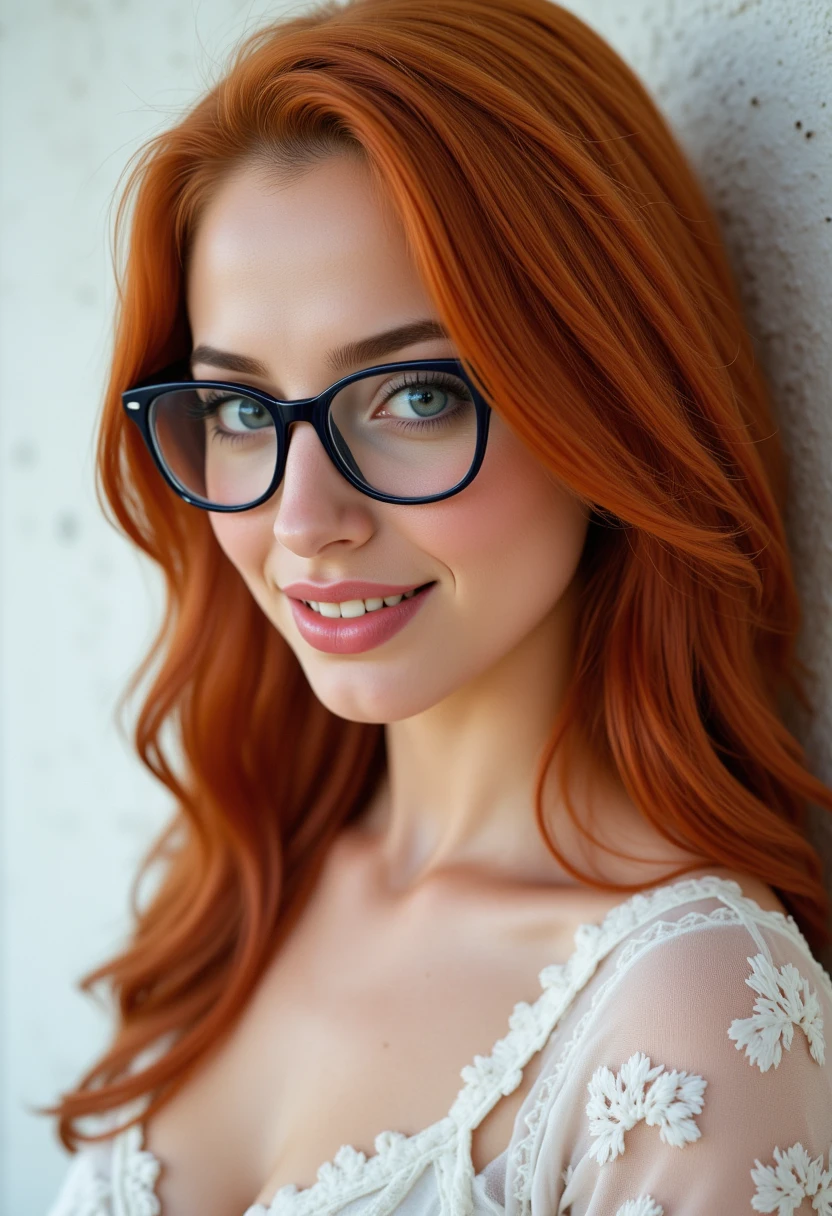 headshots, multiple angles, photoshoot poses; she has piercing eyes. A photo of C@ssy_BTRH is a nude woman with red hair and glasses,she is wearing a white frilly shirt. She is smiling. The background is a simple white wall. The overall mood of the image is Happy.RAW candid cinema,16mm,color graded portra 400 film,remarkable color,ultra realistic,textured skin,remarkable detailed pupils,realistic dull skin noise,visible skin detail,skin fuzz,dry skin,shot with cinematic camera,detailed skin texture,(blush:0.2),(goosebumps:0.3),subsurface scattering,beautiful photograph in the style of Augustus John,Sergio Toppi,Virginia Frances Sterrett,8k HD,detailed skin texture,ultra realistic,textured skin,analog raw photo,cinematic grain,whimsical.perfection style,aidmafluxpro1.1