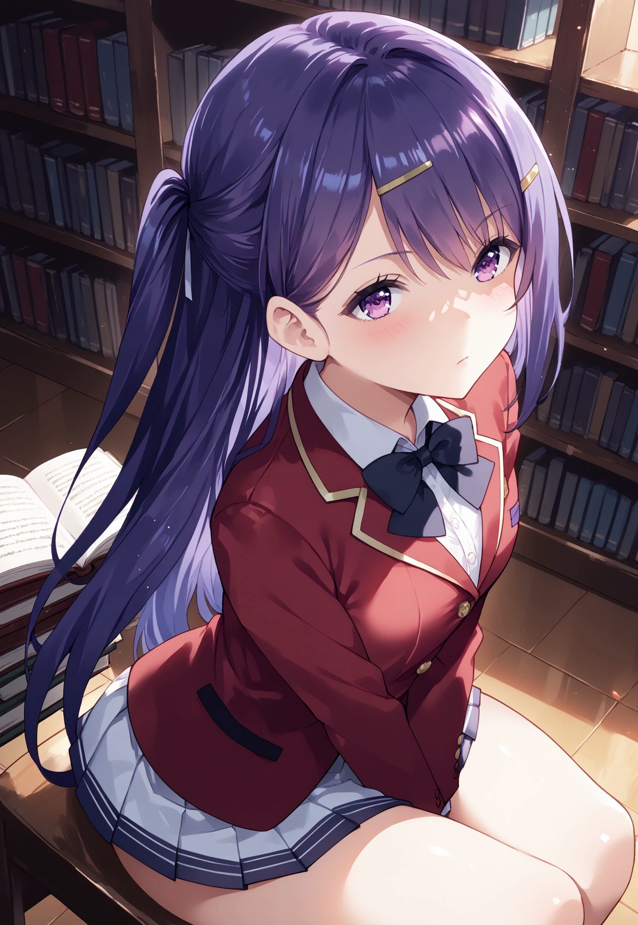 safe_pos, safe_pos, score_9, score_8_up, score_7_up, score_6_up, source_anime, rating_explicit, Sora72 BREAK
1girl, solo, hskamuro, one side up, purple hair, long hair, purple eyes, hairclip, red blazer, black bowtie, white miniskirt, pleated skirt BREAK
from above, dutch angle, Indoors, library, bookshelves, books, sitting