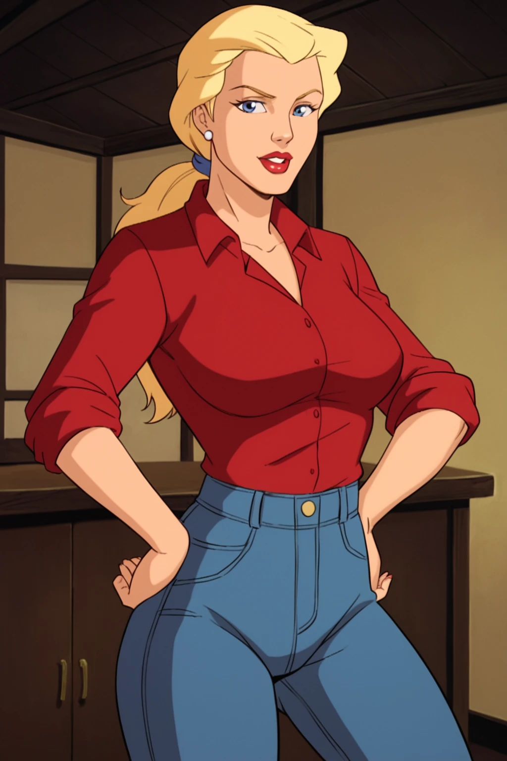 PonyXLV6_Scores BREAK ((parody, retro artstyle), perfect anatomy, perfect eyes, cowboy shot) <lora:add_details_xl:0.8> BREAK <lora:Betty_Ross:0.8> betty ross, blonde hair, ponytail, blue eyes, lipstick, red lips, flirting, raised eyebrow, ((looking at viewer)), jewelry, earrings, red shirt, sleeves rolled up, jeans, large breasts, curvy, toned, athletic, standing, hands on hip, indoors