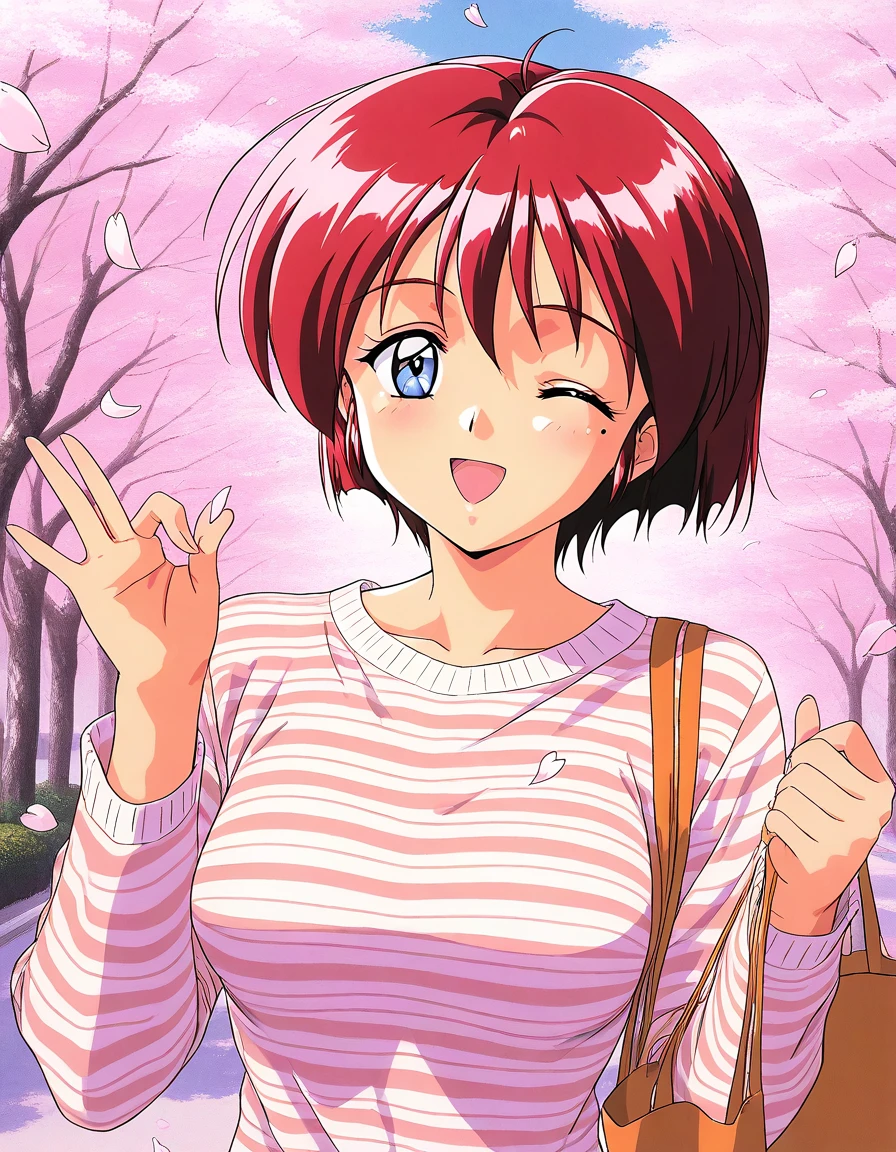 general,highres, ultra-detailed,very aesthetic,best quality ,best hands, BREAK <lora:Hinomoto_Hikari_IS:1> Hinomoto_Hikari, red hair, short hair, blue eyes, breasts, bangs, 1990s (style), mole under eye,
solo, one eye closed, open mouth, striped, sweater, petals, long sleeves, smile, shirt, striped shirt, bag, looking at viewer, cherry blossoms, upper body,
department store,