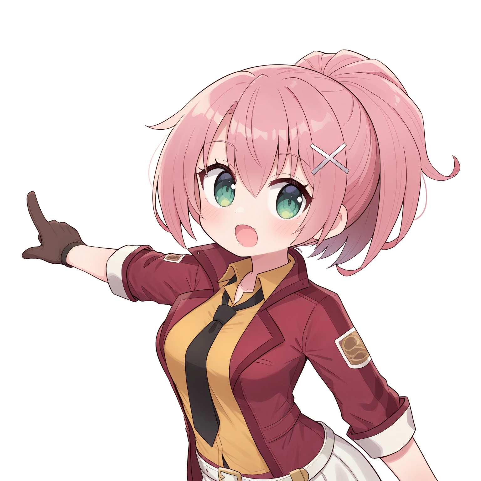 haru urara (umamusume), 1girl, solo, long hair, looking at viewer, smile, open mouth, simple background, shirt, gloves, white background, bow, ribbon, animal ears, jacket, tail, white shirt, ponytail, pink hair, hair bow, thighs, fingerless gloves, pink eyes, symbol-shaped pupils, headband, hair intakes, white jacket, horse ears, horse girl, bandaid, horse tail, red gloves, clenched hands, gym uniform, track jacket, buruma, symbol in eye, bandaid on leg, red buruma