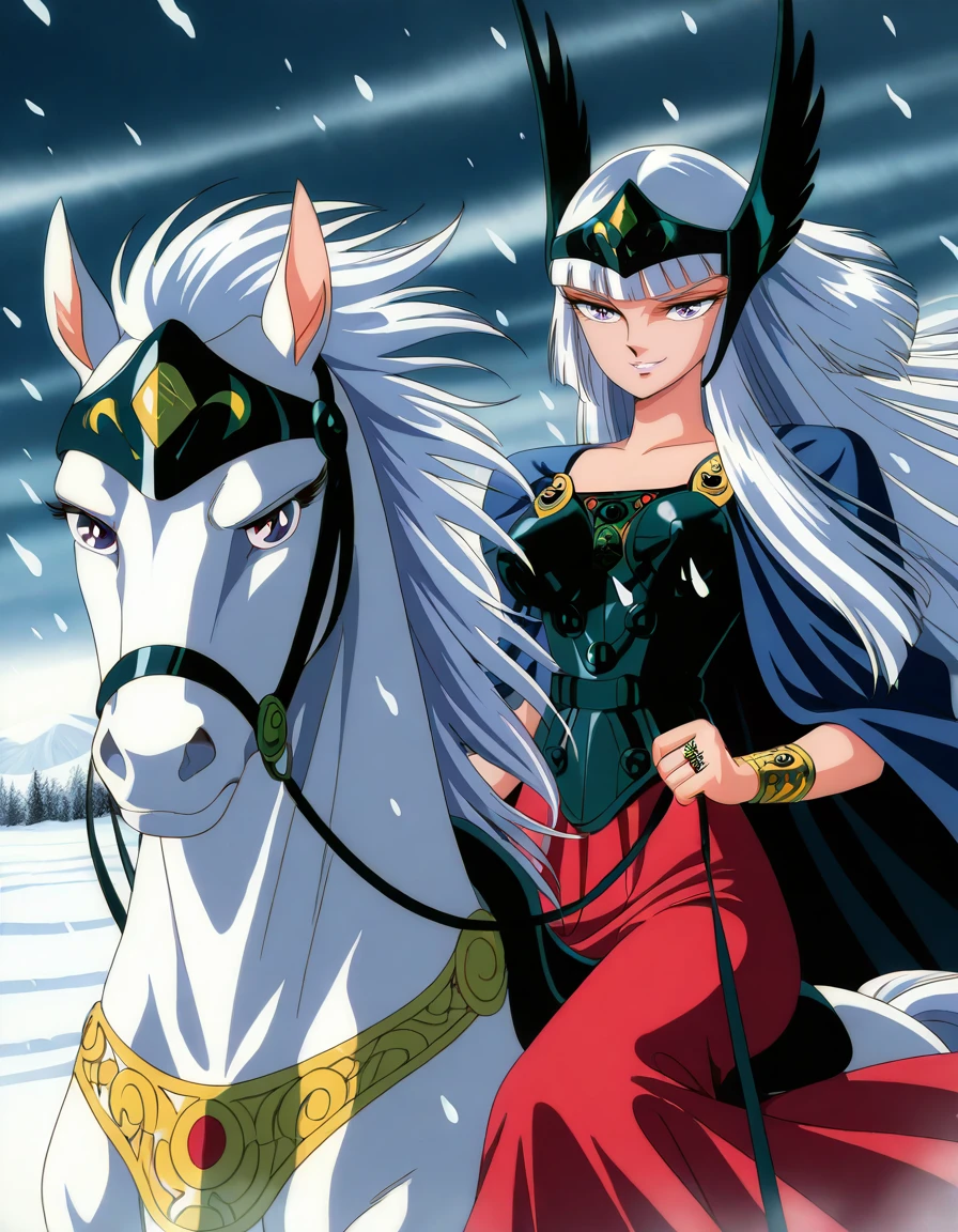 masterpiece, best quality, high resolution, absurdres, highres, amazing quality, very aesthetic, ultra detailed, perfect details,
1girl, sitting, smirk, horse, riding, hold the reins, snowstorm, cowboy shot,
<lora:Hilda_Polaris_LCD_ill_v03:1> hildapolarislcd, hime cut, long hair, purple eyes, white hair, retro artstyle, valkyrie, red skirt, ring,
<lora:spo_sdxl_10ep_4k-data_lora_webui:1>
<lora:IL-lineart_adjust-mki:-1.5>
<lora:add-detail-xl:1>