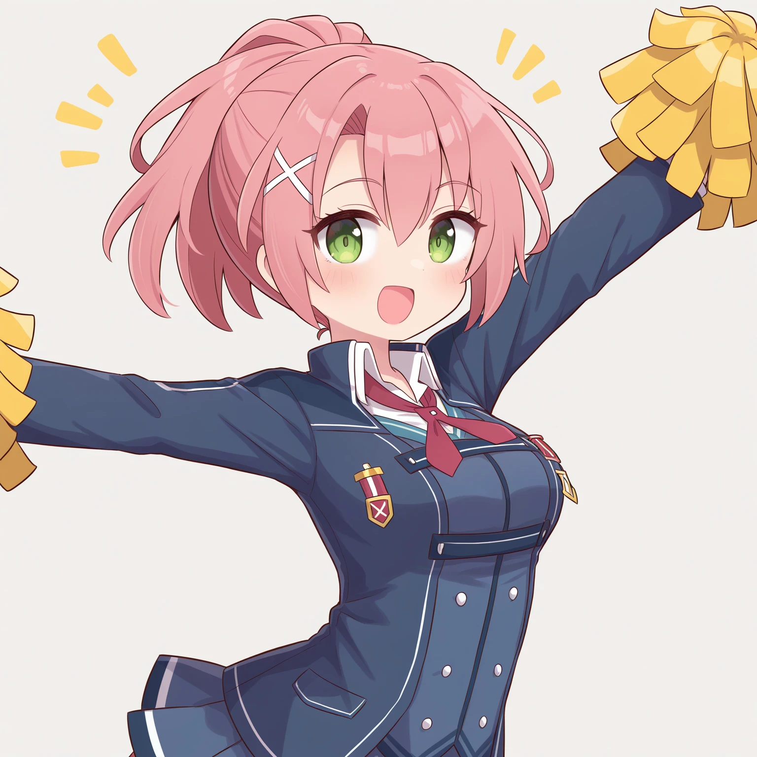 masterpiece, best quality, amazing quality, very aesthetic, absurdres, (naga_u:0.8), (subaru \(subachoco\):0.4), (e.o.:0.4)
1girl, solo,
<lora:JunaCrawfordThors_Illustrious:1>, Juna Crawford, pink hair, ponytail, X hair ornament, green eyes, medium breasts, school uniform, blue blazer, blue skirt, red ribbon, thigh belt,,
simple background, white background, upper body, portrait, , cute, happy, cheering, shouting, open mouth,, looking at viewer,