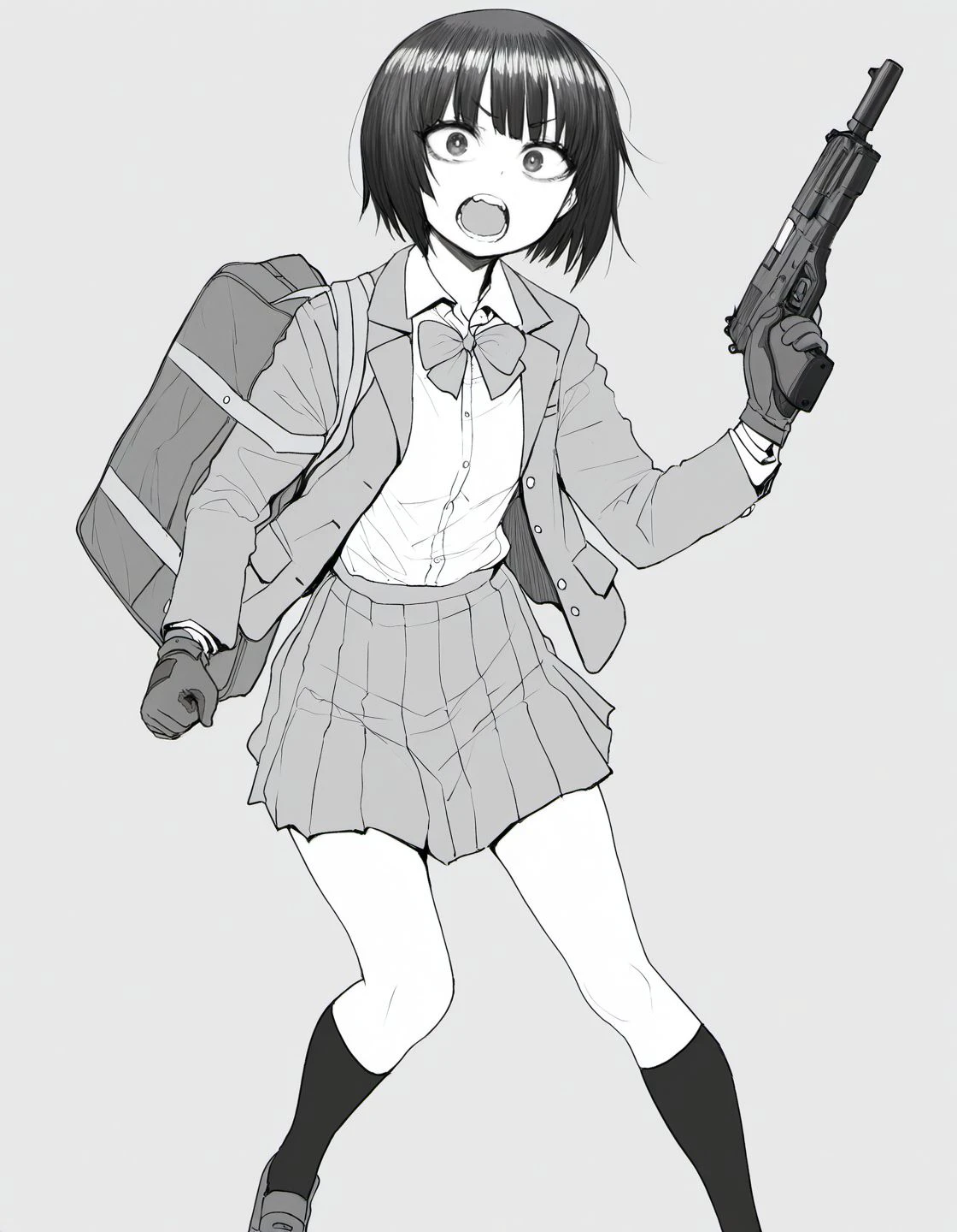 masterpiece, best quality, amazing quality, very aesthetic, high resolution, <lora:sigama_style_v2_illustrious_epoch_7:0.9>, graphite \(medium\), jaggy lines,
sigamastyle, 1girl, weapon, greyscale, monochrome, gun, skirt, holding weapon, holding, gloves, open mouth, short hair, solo, jacket, holding gun, bow, bowtie, pleated skirt, looking at viewer, school uniform, bag, socks, shirt, bangs, collared shirt, simple background, teeth, kneehighs, open jacket, open clothes,