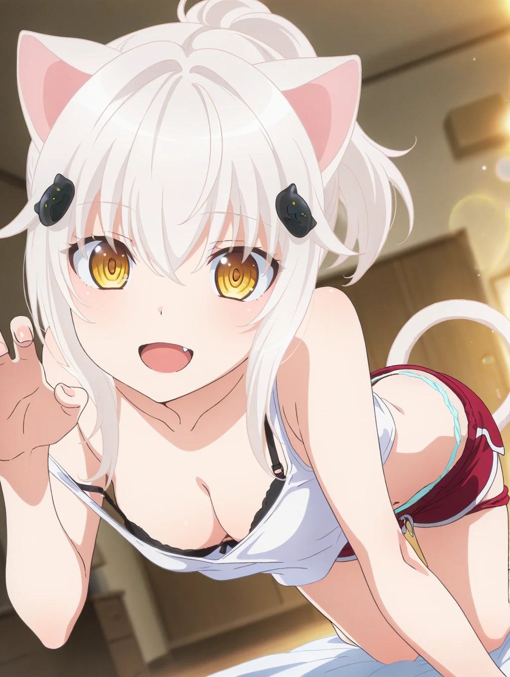 masterpiece, best quality, amazing quality, very aesthetic, absurdres, newest, scenery, anime screencap <lora:Koneko_TÅjÅ_-_High_school_DxD_Hero_Illustrious:1> koneko_il, cat ears, cat tail, claw pose, ,short hair, white hair, hair ornament, yellow eyes, cat hair ornament, light smile, looking at viewer, white tank top, black bra, crop top, strap slip, navel, cleavage, short shorts, red shorts, (ponytail), room,dutch angle, border, lens flare, open mouth, fang, light smile, pulled by self, sitting, panty pull, all fours, off shoulder,
