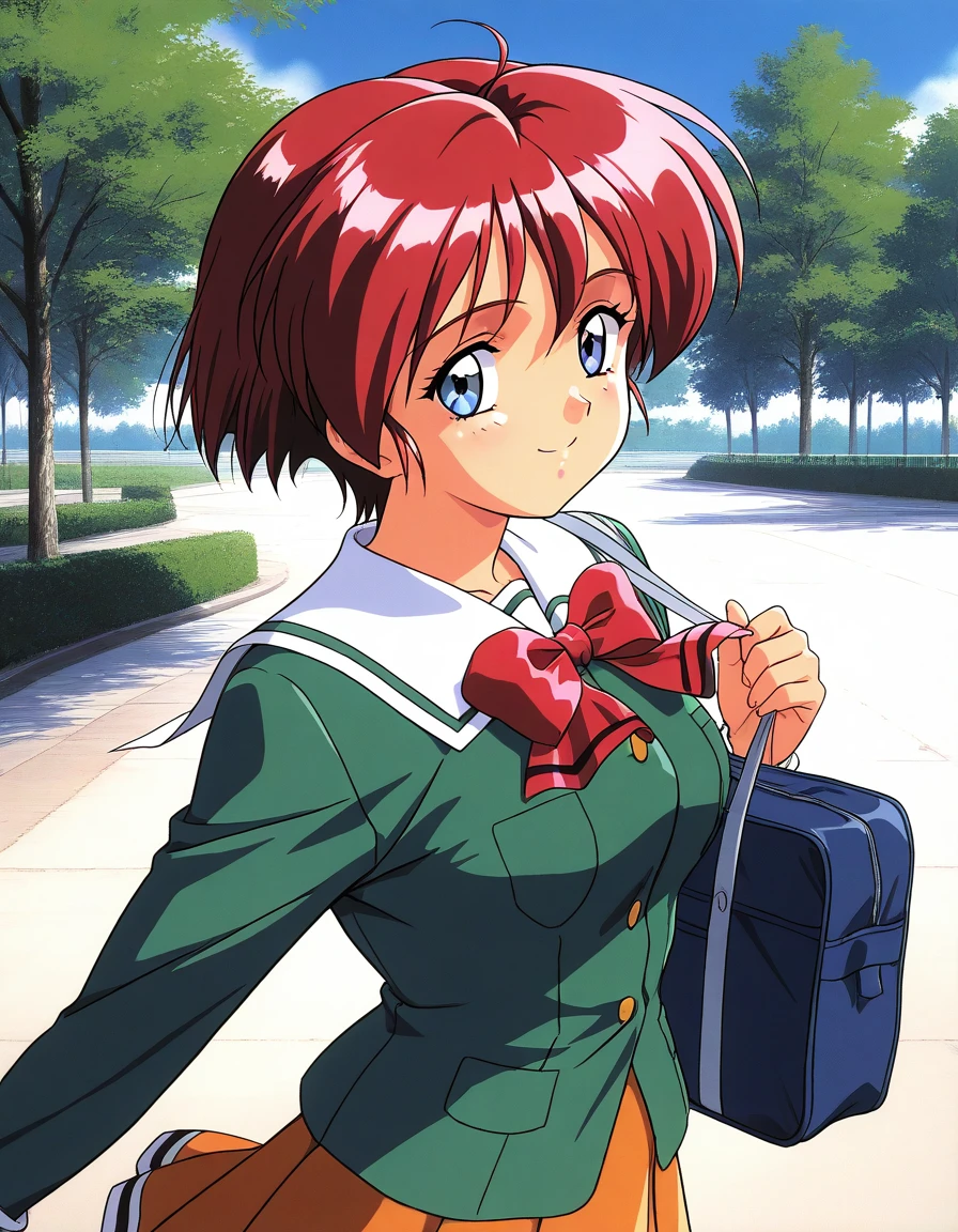 general,highres, ultra-detailed,very aesthetic,best quality ,best hands, BREAK <lora:Hinomoto_Hikari_IS:1> Hinomoto_Hikari, red hair, short hair, blue eyes, breasts, bangs,
1990s (style), solo, skirt, green shirt, white background, bag, school uniform, orange skirt, smile, long sleeves, shirt, looking at viewer, school bag, pleated skirt, bow, tachi-e,
sky, day, asphalt, tree,