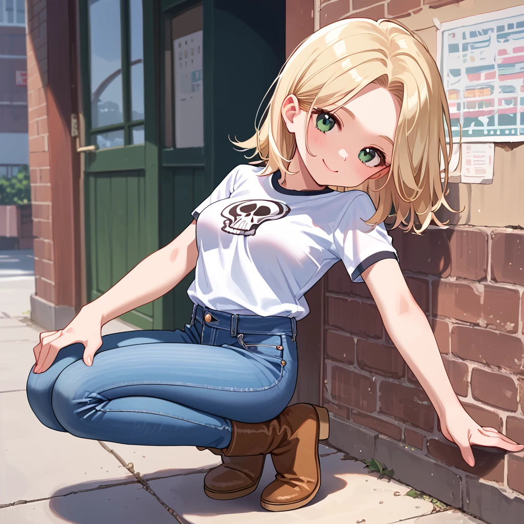 score_9, score_8_up, score_7_up, score_6_up, <lora:Tracy_From_Nashville:1>, solo, 1girl, blonde hair, boots, source_anime, lips,eyelashes, short hair, head tilt, medium breasts, green eyes, full body, sexy attitude, medium hair, parted bangs, small waist, long hair, nose, smile, bangs, blue jeans, jeans, black t-shirt, (skull t-shirt logo), cute fashion, full body, legs, brown footwear,