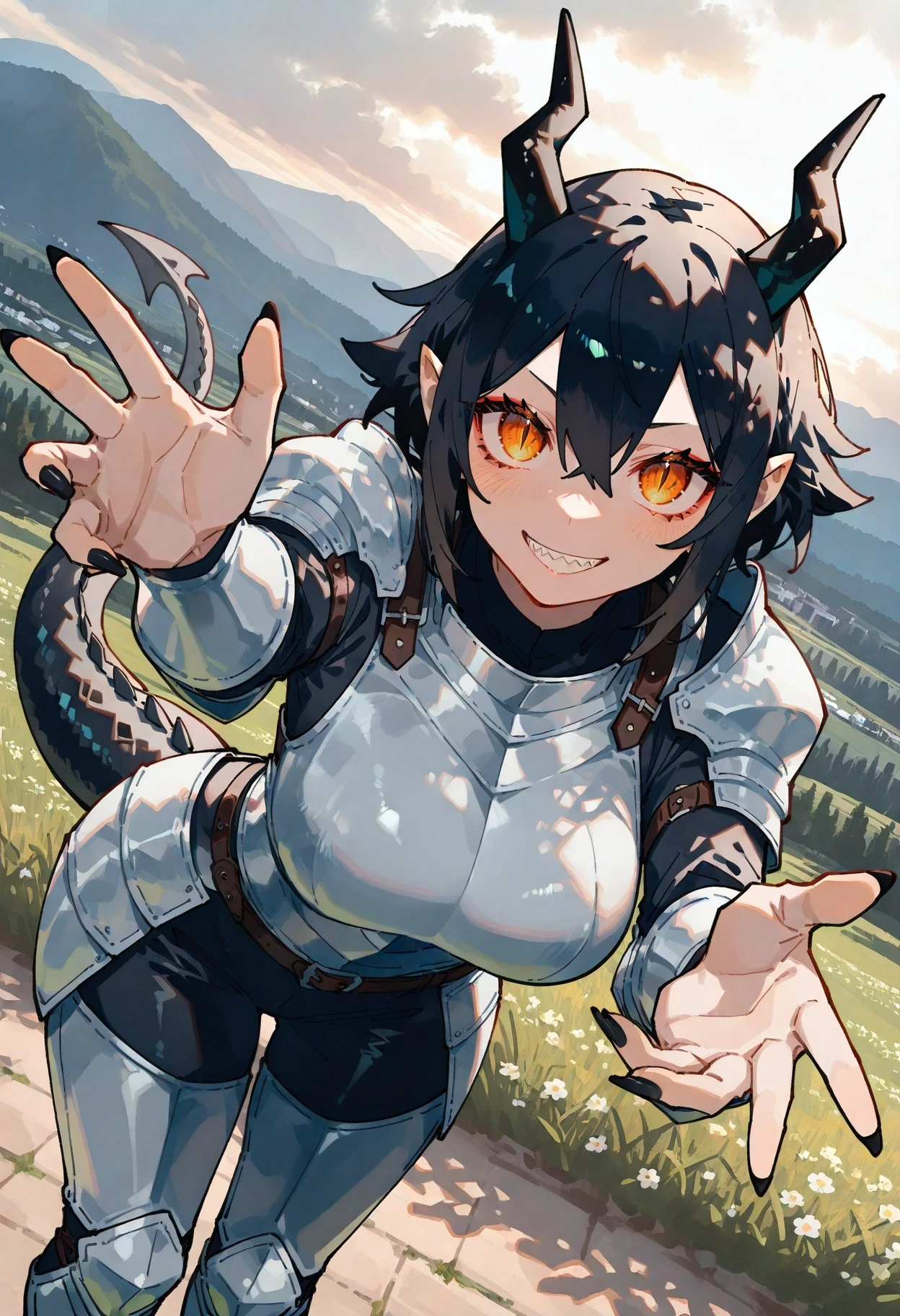 newest, very awa, masterpiece, highres, absurdres, year 2024, year 2023,
1girl, dragon girl, dragon tail, dragon horns, black scales, looking at viewer, slit pupils, sharp teeth, cute, leaning forward, large breasts, wearing armor plates, reaching towards viewer, hand focus, sharp fingernails, black nails,
detailed background, photo background, mountainous horizon, dutch angle,
<lora:auriflora-noobai-xl:0.75> <lora:ponyv6_vpred6:0.3> <lora:USNR STYLE_XL_lokr:0.3>
