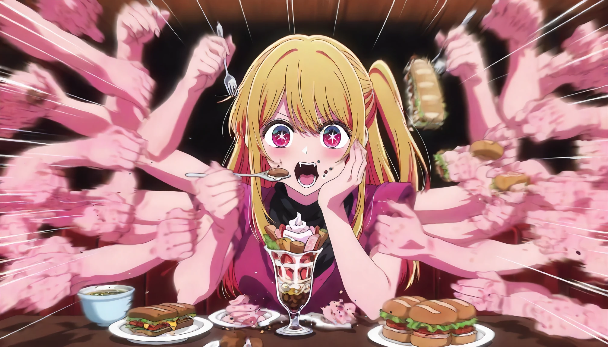 <lora:Pose_rushpunchXLIllustrious001:0.9>,
masterpiece,(best quality),good quality,newest,
open mouth,
looking at viewer,
solo,
anime coloring,
multiple hands,(motion_blur:1.2),(motion line:1.1),speed_lines,
1girl,hoshino ruby,oshi no ko,restaurant,dynamic eating,food,fork,spoon,soup,hamburger,sandwich,parfait,sweets,meat,eating,holding food,inflated cheeks,splatter,juice,