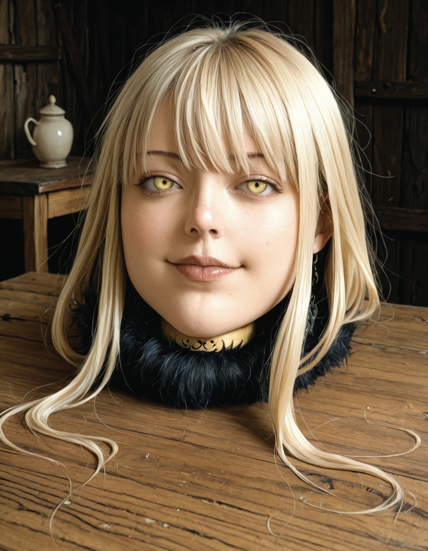 masterpiece, best quality, very aesthetic, highres, absurdres, (1girl:1.1), solo, <lora:realistic filter [IL]:.5>, realistic, <lora:leneck-illust:1>, leneck, (disembodied head:1.3), head on a medieval table, bodiless, blonde hair, long hair, yellow eyes, slight smile, <lora:headonly-1440:.5>, headonly, black fluffy collar,