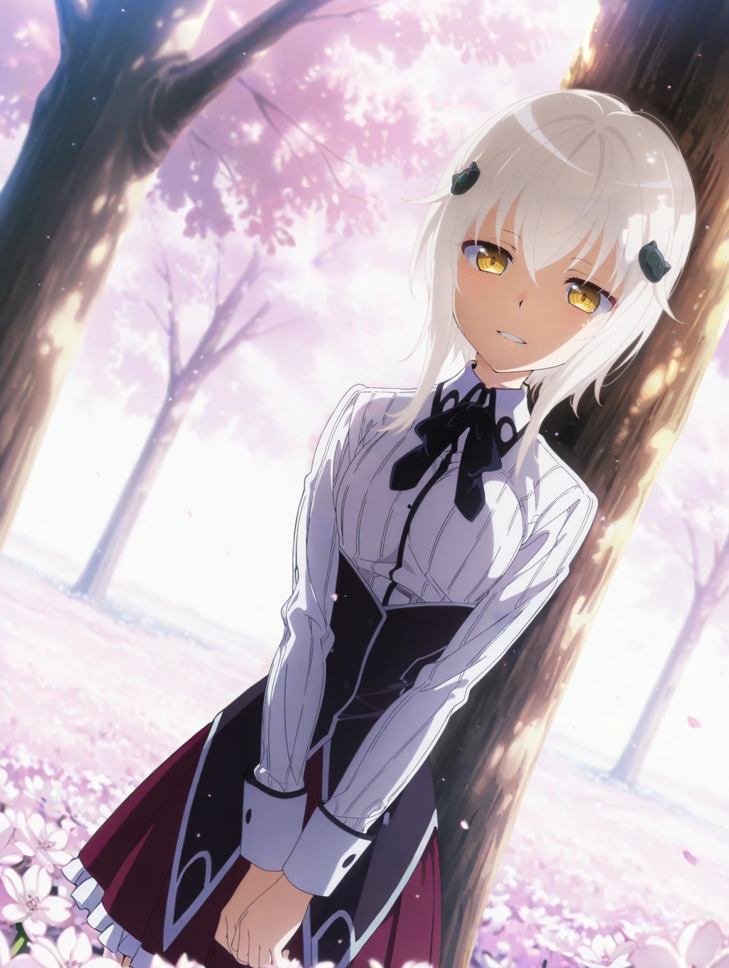 masterpiece, best quality, amazing quality, very aesthetic, absurdres, newest, scenery, anime screencap <lora:Koneko_TÅjÅ_-_High_school_DxD_Hero_Illustrious:1> koneko_il,dxdherouniform,school uniform, short hair, white hair, hair ornament, yellow eyes, cat hair ornament, , light smile, looking at viewer, cherry blossoms, , light particles, backlighting, shiny skin, , (vignetting:1.2), against tree, flower field, teeth, open mouth, half-closed eyes, professional photo, standing, full body, dutch angle, kuoh academy school uniform,