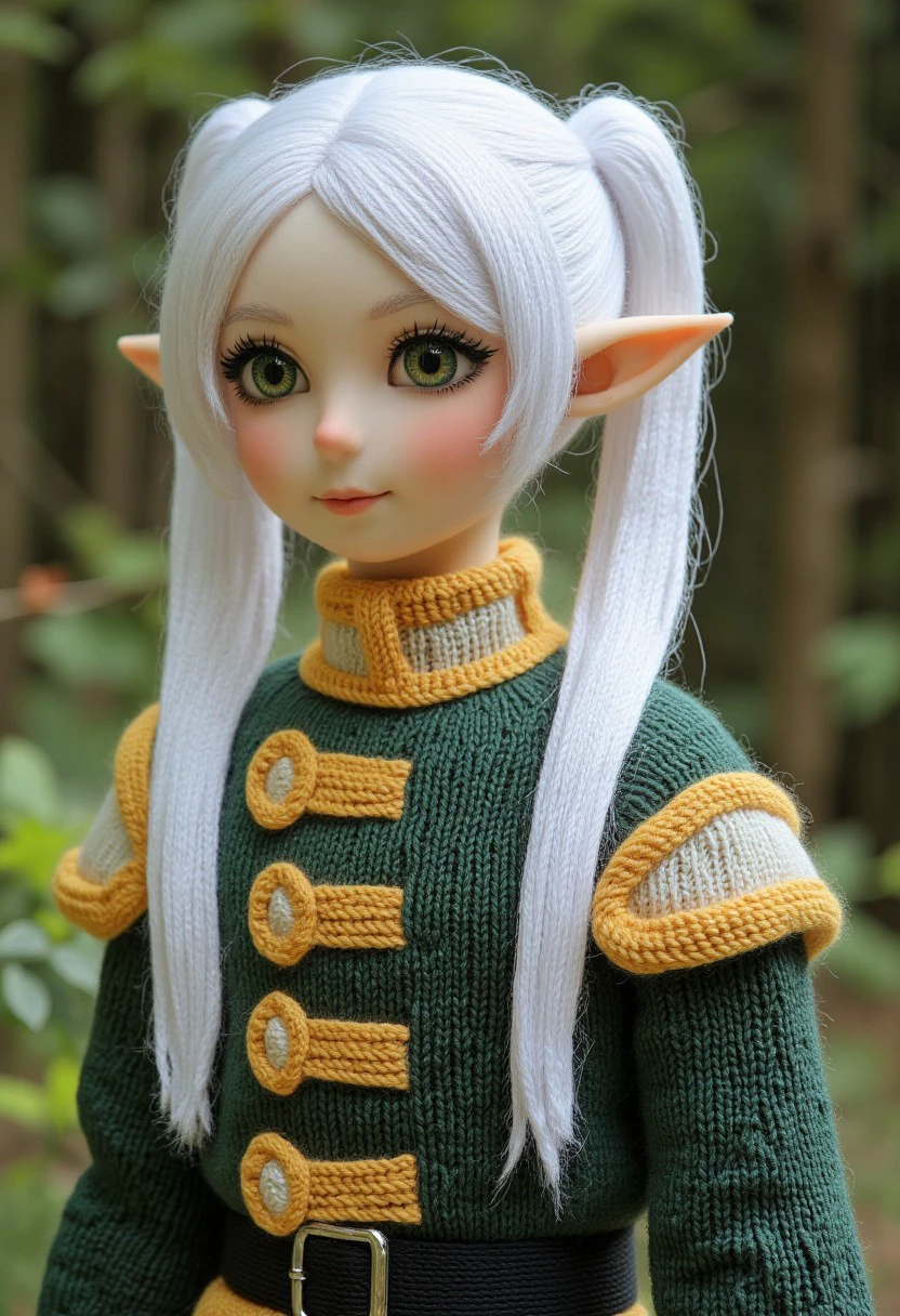 knitted style, nereirfpnxl, frieren, elf, pointy ears, green eyes, white hair, twintails