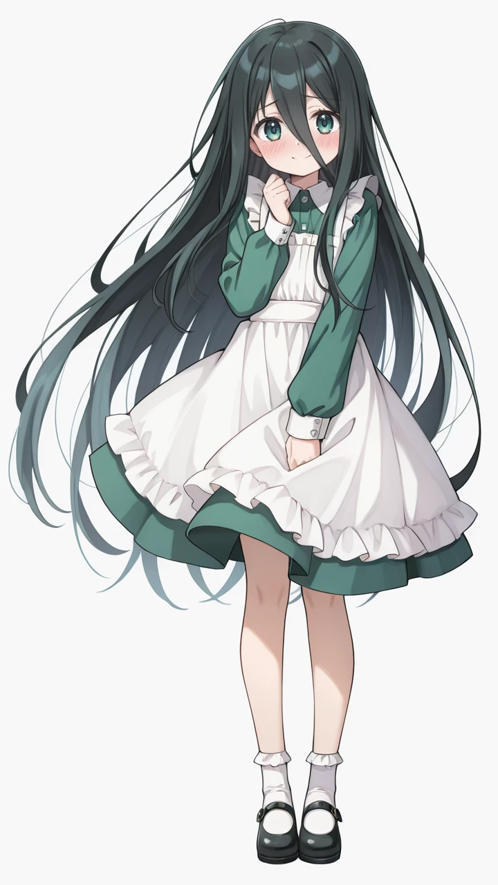 Anime girl with long black hair and green eyes in a white dress - SeaArt AI