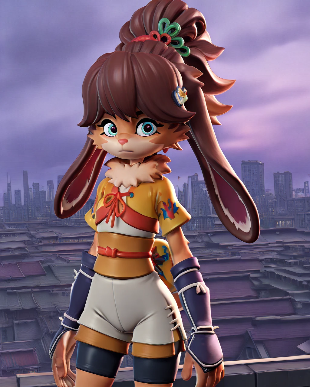 very awa, masterpiece, best quality, ninjala, 3d, 1girl, solo, svlop, hair ornaments, body fur, obi, shorts, bike shorts under shorts, standing, arms at side, looking at viewer, city, cloudy, cowboy shot