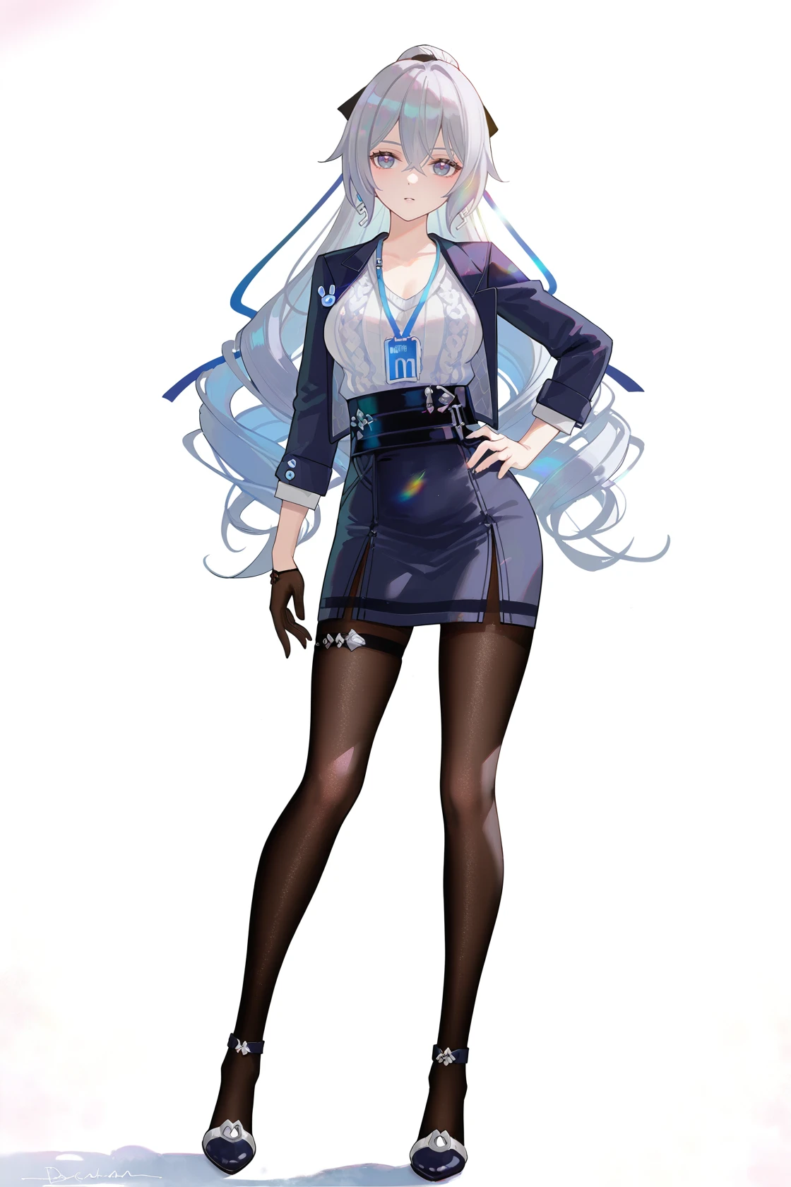 8k,best quality,masterpiece,(ultra-detailed),(high detailed skin),
((artist:reoen),(artist:fuzichoco),(artist:atdan),(artist:torino_aqua),year 2024:0.8)1girl,[artist:wlop],[artist:ningen_mame],artist:ciloranko,[[artist:rhasta]],artist:tidsean,colorful,detailed light,light leaks,sunlight,bokeh,blurry foreground,ray tracing,lens flare,cinematic lighting,
full body,full shot,standing,looking at viewer,(solo:1.2),simple background,(white background:1.2),hand on own hip,(white background:1.1),
<lora:dayaya-noob-Tanger:0.8>,bronya_zaychik_/(silverwing:_n-ex/),bronya_zaychik,clothes:silverwing:_n-ex,olyaya,office Lady,1girl,black single glove,pantyhose,long hair,skirt,jacket,id card,
A full-body portrait of a young girl,standing gracefully,pastel art style,high-key lighting,shoujo manga influence,hd quality,delicate details,