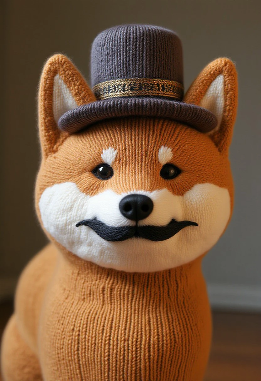 shiba inu with a mustache and a tophat ,knitted style