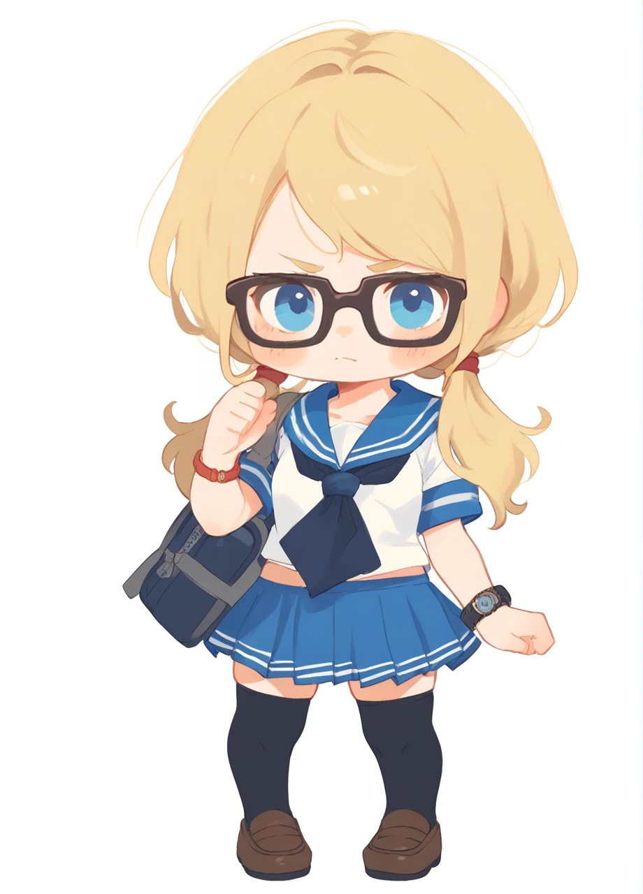 <lora:SF_RainbowMika-PONY:0.8> 1girl, solo, full body, chibi, white background, blonde hair, blue eyes, sfvmika, low twintails, glasses, school uniform, sailor collar, pleted skirt, bracelet, wristwatch, black thighhighs, <lora:Style_RizuNM-PONY:0.8> rizunm_style, score_9, score_8_up, score_7_up, score_6_up,