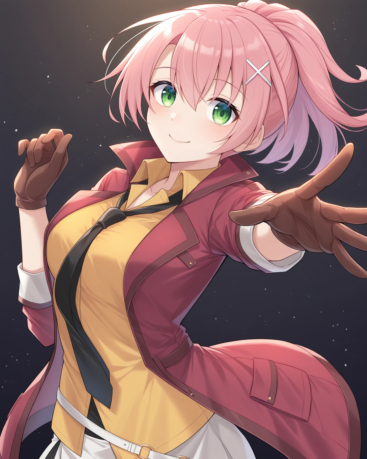 masterpiece, best quality, amazing quality, very aesthetic, absurdres, (by e.o.:0.7), (by chiharu \(9654784\):0.4), (by racoon-kun.:0.4),
1girl, solo,
<lora:JunaCrawfordCrossbell_Illustrious:1>, Juna Crawford, pink hair, ponytail, X hair ornament, green eyes, medium breasts, red jacket, yellow shirt, black necktie, white belt, white skirt, brown gloves,
simple background, black background, particles, upper body, portrait,
smile, looking at viewer,