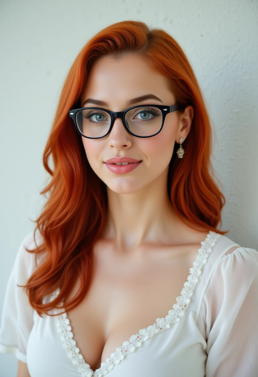 headshots, multiple angles, photoshoot poses; she has piercing eyes. A photo of C@ssy_BTRH is a nude woman with red hair and glasses,she is wearing a white frilly shirt. She is smiling. The background is a simple white wall. The overall mood of the image is Happy.RAW candid cinema,16mm,color graded portra 400 film,remarkable color,ultra realistic,textured skin,remarkable detailed pupils,realistic dull skin noise,visible skin detail,skin fuzz,dry skin,shot with cinematic camera,detailed skin texture,(blush:0.2),(goosebumps:0.3),subsurface scattering,beautiful photograph in the style of Augustus John,Sergio Toppi,Virginia Frances Sterrett,8k HD,detailed skin texture,ultra realistic,textured skin,analog raw photo,cinematic grain,whimsical.perfection style,aidmafluxpro1.1