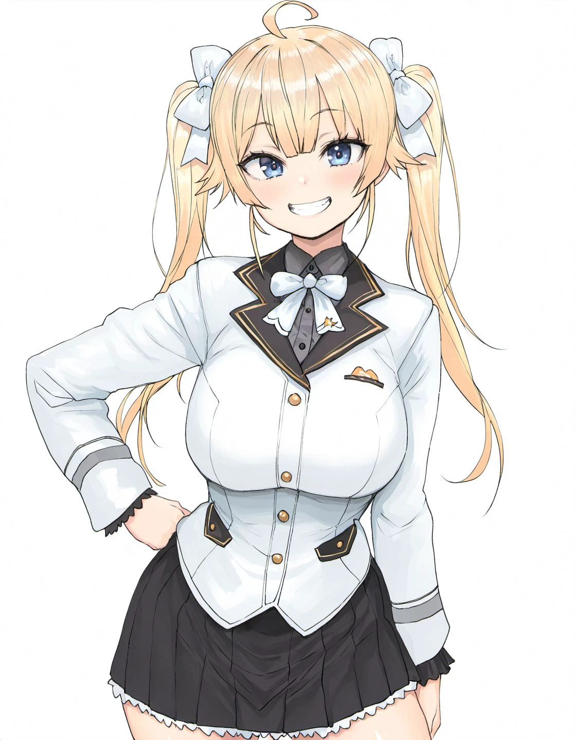masterpiece, best quality, amazing quality, very aesthetic, high resolution, <lora:sigama_style_v2_illustrious_epoch_7:0.9>, graphite \(medium\), jaggy lines,
sigamastyle, 1girl, solo, virtual youtuber, blonde hair, ahoge, twintails, smile, long hair, breasts, bow, skirt, white bow, white bowtie, looking at viewer, hand on hip, grin, white jacket, jacket, bowtie, long sleeves, bangs, hair bow, black skirt, ribbon, frills, large breasts,