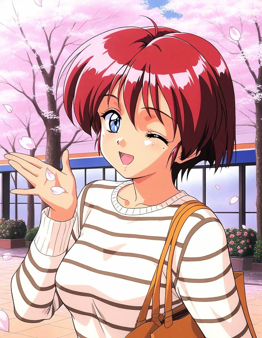 general,highres, ultra-detailed,very aesthetic,best quality ,best hands, BREAK <lora:Hinomoto_Hikari_IS:1> Hinomoto_Hikari, red hair, short hair, blue eyes, breasts, bangs, 1990s (style), mole under eye,
solo, one eye closed, open mouth, striped, sweater, petals, long sleeves, smile, shirt, striped shirt, bag, looking at viewer, cherry blossoms, upper body,
department store,