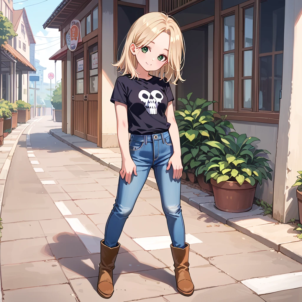 score_9, score_8_up, score_7_up, score_6_up, <lora:Tracy_From_Nashville:1>, solo, 1girl, blonde hair, boots, source_anime, lips,eyelashes, short hair, head tilt, medium breasts, green eyes, full body, sexy attitude, medium hair, parted bangs, small waist, long hair, nose, smile, bangs, blue jeans, jeans, black t-shirt, (skull t-shirt logo), cute fashion, full body, legs, brown footwear,