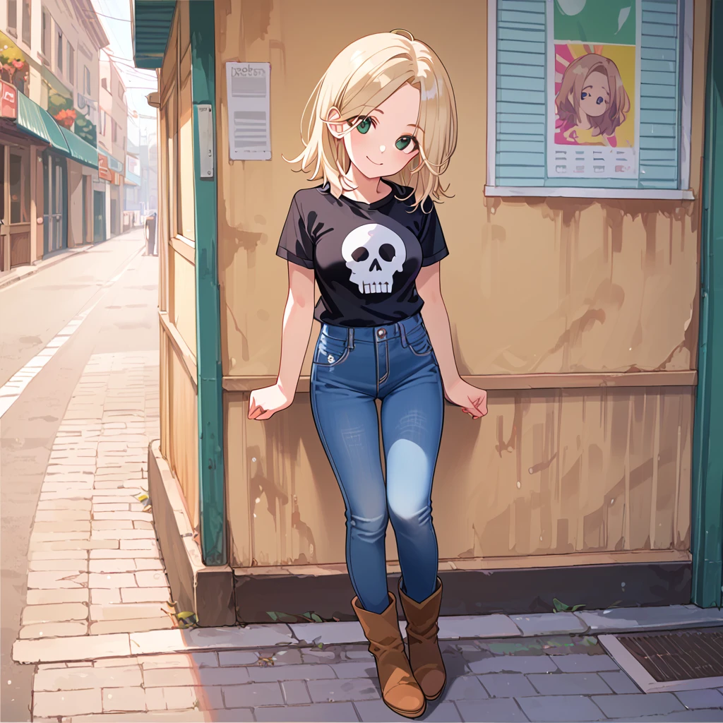 score_9, score_8_up, score_7_up, score_6_up, <lora:Tracy_From_Nashville:1>, solo, 1girl, blonde hair, boots, source_anime, lips,eyelashes, short hair, head tilt, medium breasts, green eyes, full body, sexy attitude, medium hair, parted bangs, small waist, long hair, nose, smile, bangs, blue jeans, jeans, black t-shirt, (skull t-shirt logo), cute fashion, full body, legs, brown footwear,