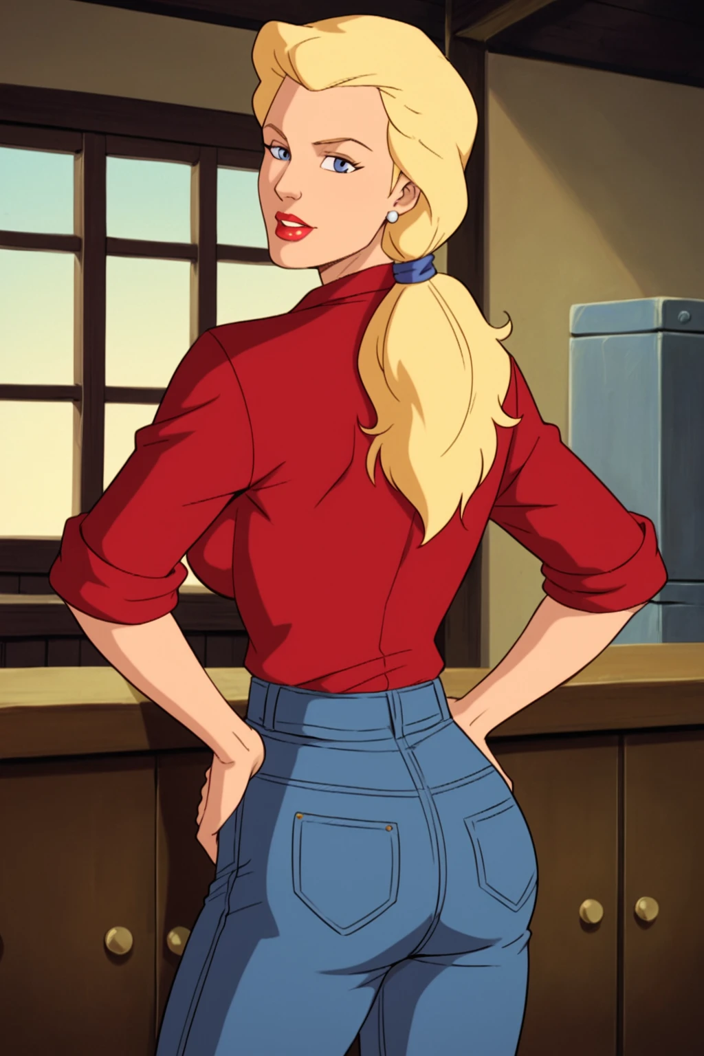 PonyXLV6_Scores BREAK ((parody, retro artstyle), perfect anatomy, perfect eyes, cowboy shot) <lora:add_details_xl:0.8> BREAK <lora:Betty_Ross:0.8> betty ross, blonde hair, ponytail, blue eyes, lipstick, red lips, flirting, raised eyebrow, ((looking back at viewer)), jewelry, earrings, red shirt, sleeves rolled up, jeans, large breasts, curvy, toned, athletic, standing, hands on hip, indoors