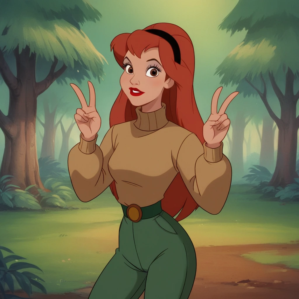 Ugly score_8_up, score_7_up, BREAK, DonBluth, 1girl, solo, red hair, long hair, brown eyes, lipstick, turtleneck sweater, pants, cowboy shot, looking at viewer, <lora:DonBluth_PXL_Leaf2:0.8>, forest,double v,