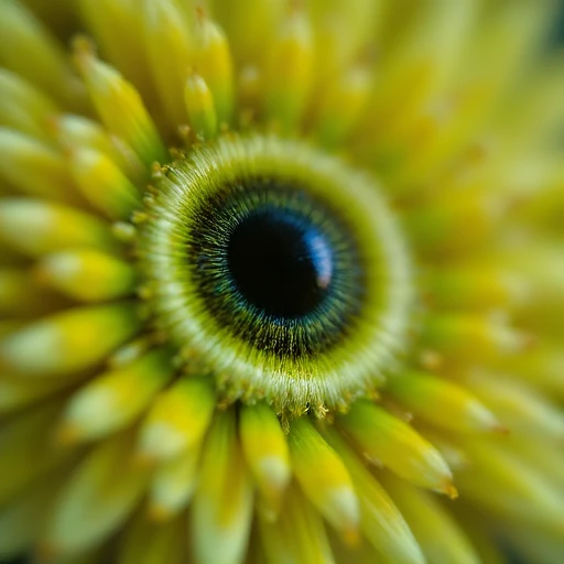 and reflective eyes dominating the frame. The eyes are a deep, spherical mass of small, close-up image of a flower. The primary subject is a single, Macro Shots The image is a high-resolution photograph of two bees on a textured, with an extraordinary detail that highlights its unique characteristics. The image focuses on the flower's center, specifically the stamen of a flower. The image is in focus on the stamen, which is a vibrant green with a slight gradient from light to dark green, indicating it is a magnified image., showcasing its intricate details. The image is a macro shot