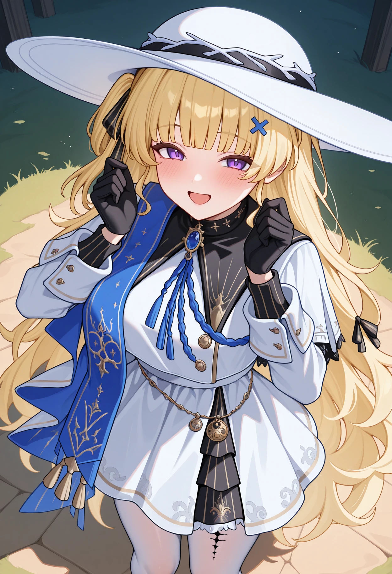 highres, best quality, masterpiece, outdoors,
solo, 1girl, wwphoebe, very long hair, blonde hair, blunt bangs, purple eyes, hair ribbon, x hair ornament,
phoewvdef, phoewwdef, white headwear, white dress, capelet, buttons, blue brooch, blue ribbon, blue scarf, medallion, jewelry, long sleeves, black gloves, white pantyhose, gold trim, leg tattoo,
looking at viewer, blush, smile,
standing, open mouth, from above,
hands up,
<lora:_phoebe_ww-elesico-ilxlF:1>