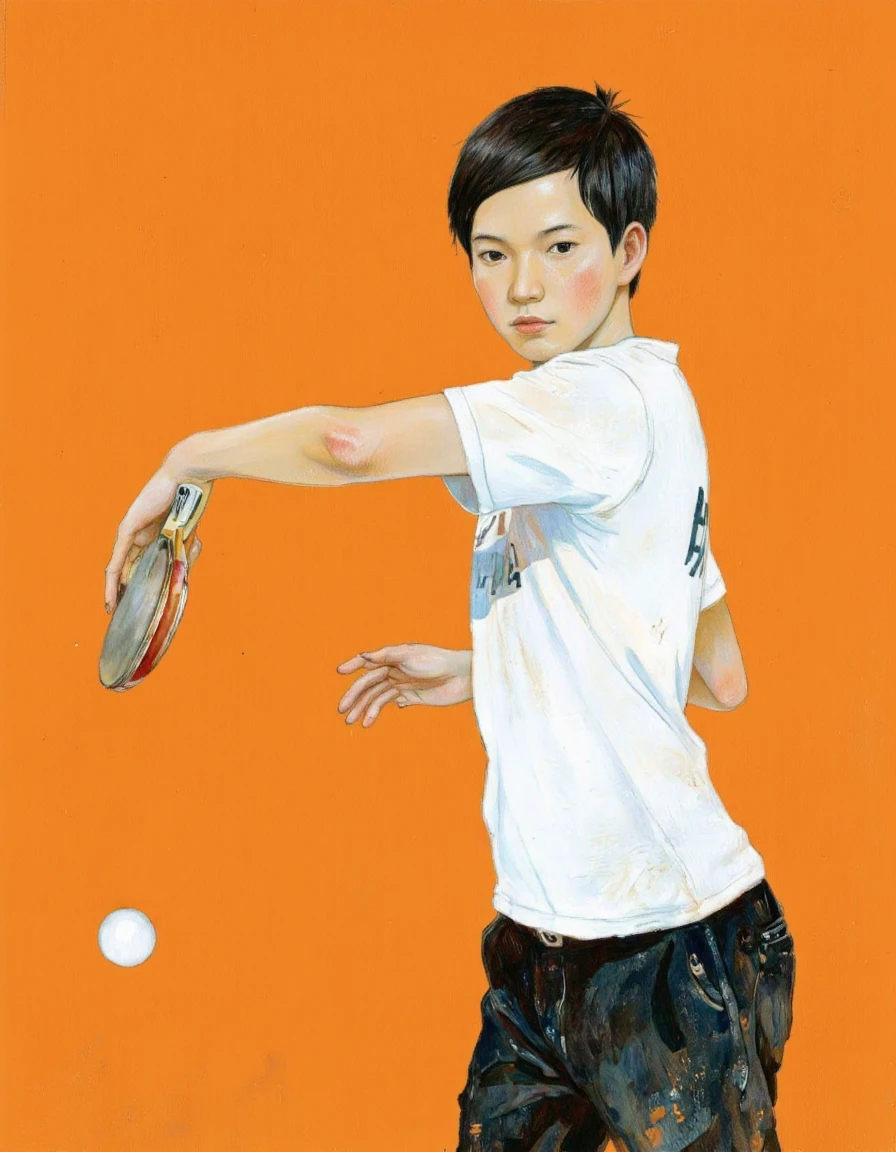 By Taiyo Matsumoto. A digital illustration shoot from a front camera angle about a young man playing table tennis, shot from a side camera angle, about a boy in action, holding a ping pong paddle and about to throw a ball, in an indoor setting with an orange background. on the middle of the image, a young asian man with short black hair and a serious expression, wearing a white t-shirt and black pants, appears to be in the midst of a game of table tennis. he is facing the viewer, looking directly at them with a neutral expression, and his body is positioned in a way that suggests he is about to take a shot, with his right arm extended forward and his left arm bent at the elbow, holding the paddle in place. a white ping-pong ball is in the air, and the background is a solid orange color. the style of the illustration is clean and minimalistic, with a focus on the boy's action and the texture of his clothing. <lora:Taiyo_Matsumoto-000008:1>