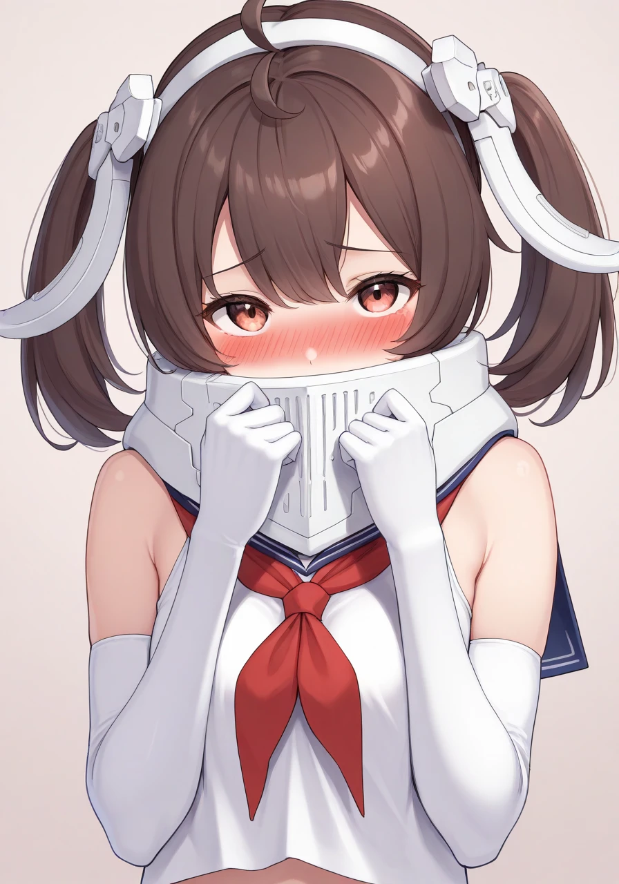 masterpiece, best quality, highres, simple background, looking at viewer, shy, blush,
1girl, brown hair, twintails, ahoge, headgear, serafuku, bare shoulders, white elbow gloves,
<lora:bdgunner_il_v1:1>