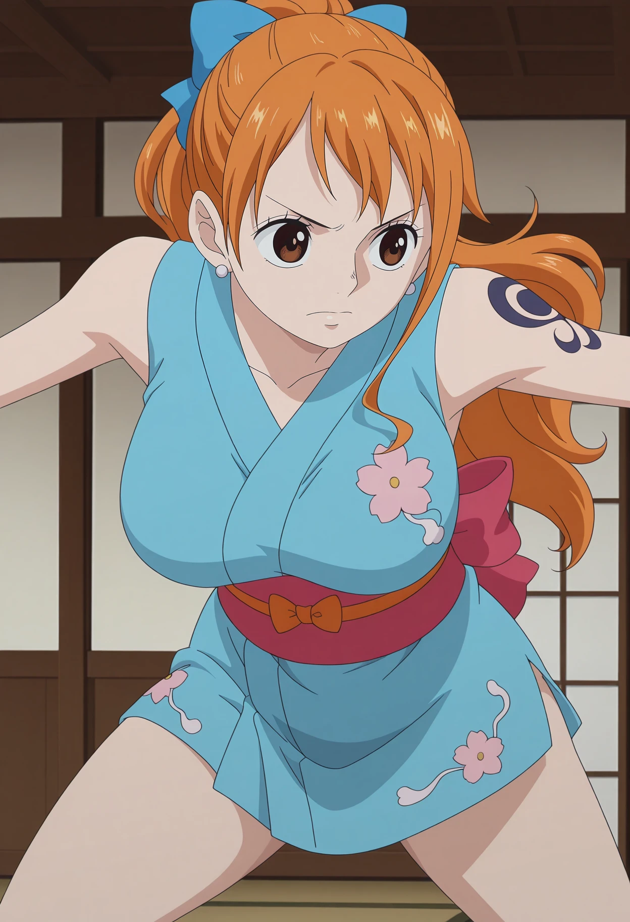 1girl,solo,mm,mature female,orange hair,brown eyes,earrings,large breasts,anime coloring,
long hair,hair bow,ponytail,blue kimono,sleeveless kimono,short kimono,tattoo,dynamic pose, indoors
,masterpiece,best quality,amazing quality,<lora:NAMI-ONE_PIECE-SabaodyWano:0.8>