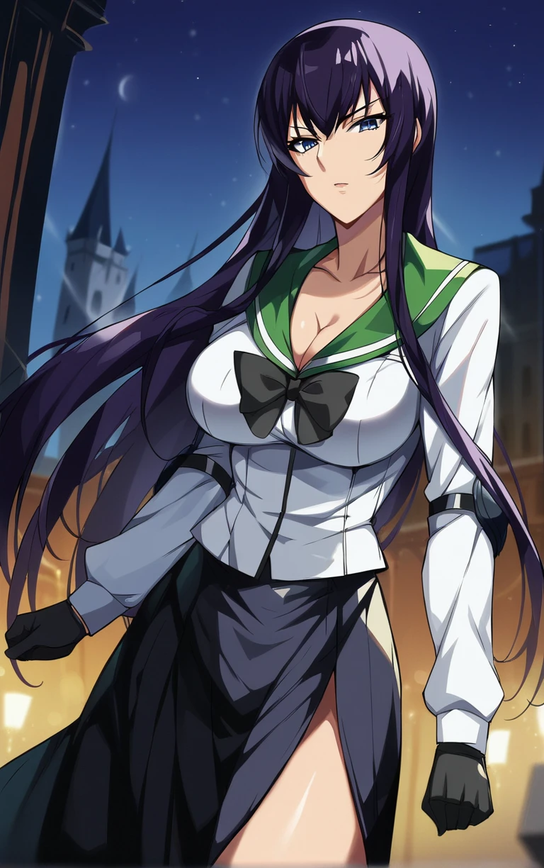 score_9, score_8_up, score_7_up, looking at viewer, BREAK
MainOutfit_SaekoBusujima_ownwaifu,
1girl, blue eyes, hair between eyes, long hair, purple hair, very long hair, large breasts, collarbone, bangs, sidelocks,
black bow, black skirt, green sailor collar, green serafuku, school uniform, white shirt, serafuku, bow, cleavage, skirt, gloves, long sleeves, black thighhighs, side slit, elbow pads, zettai ryouiki, knee pads, long skirt, bowtie,
(standing, ojou-sama pose), gothic cathedral in background, night sky, moonlight, bokeh, outdoors, <lora:PONYXL_HighschoolOfTheDead_SaekoBusujima_ownwaifuV1:0.7>, depth of field, solo,